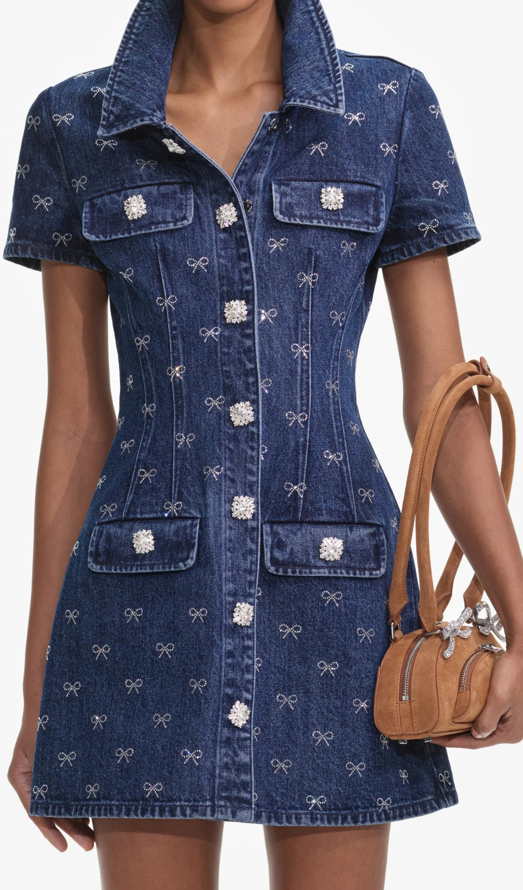 DENIM DIAMANTE BOW MINI DRESS, PARTY