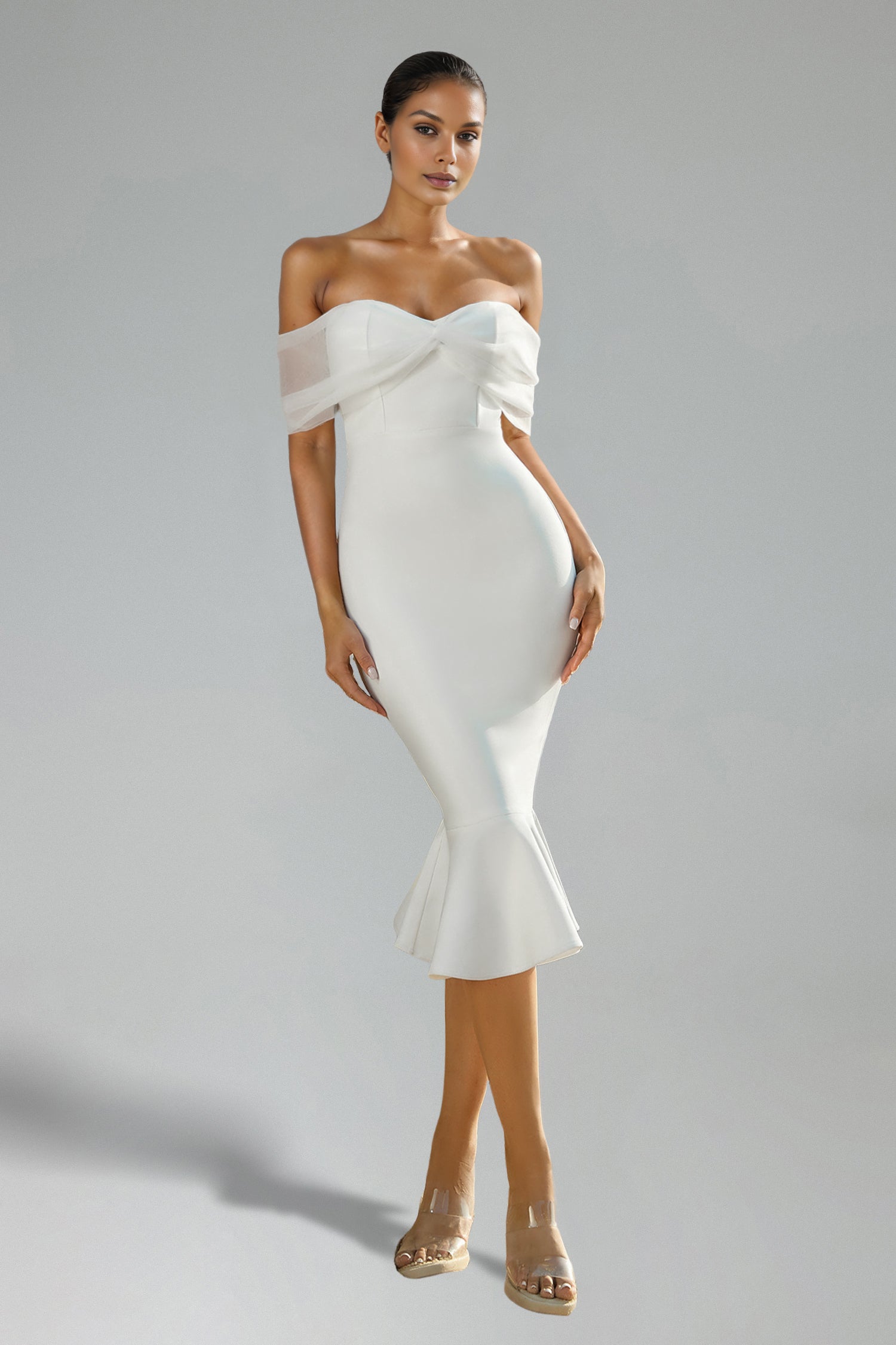 SOPHIE OFF-SHOULDER BANDAGE FISHTAIL MIDI DRESS