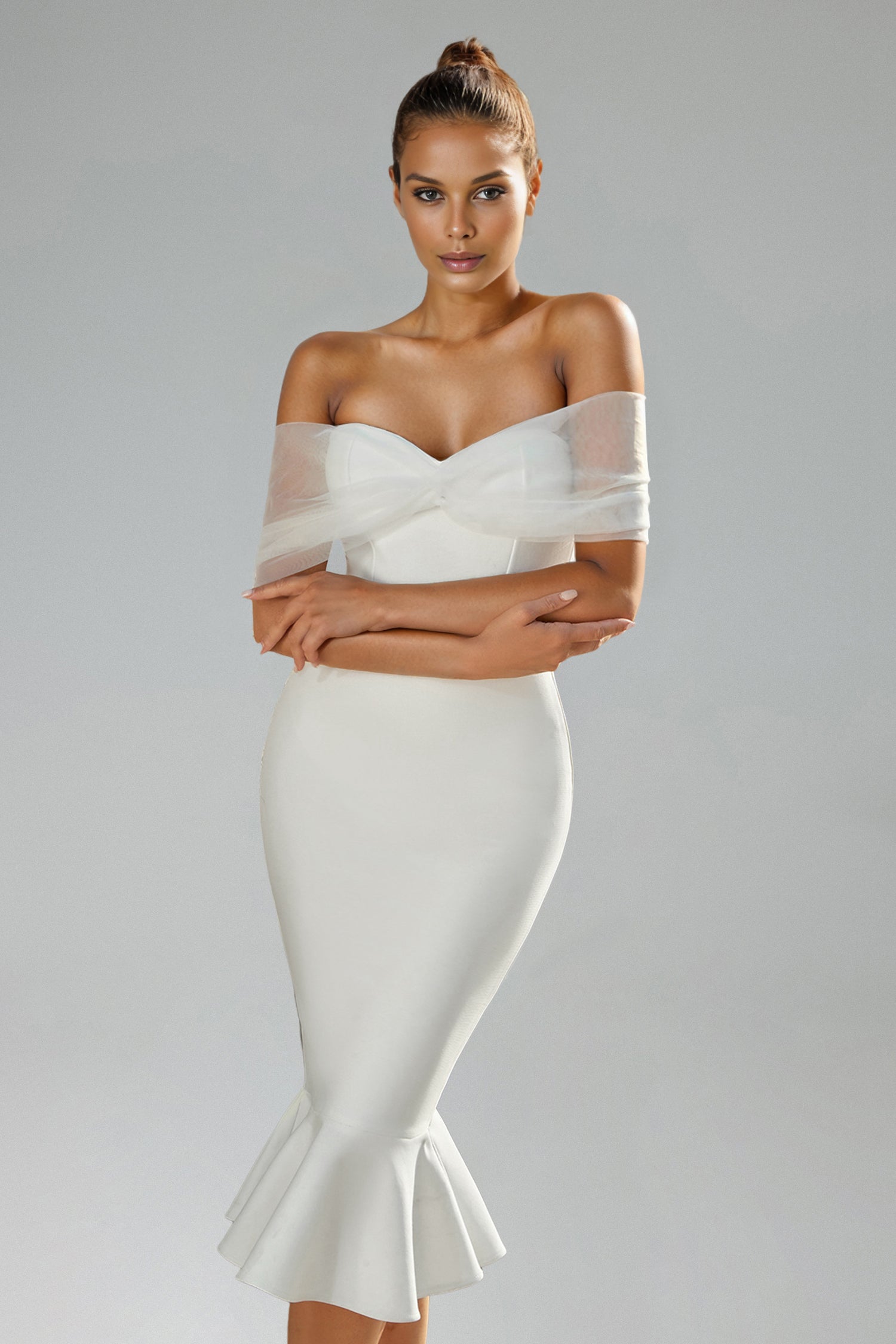 SOPHIE OFF-SHOULDER BANDAGE FISHTAIL MIDI DRESS