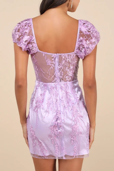 LAVENDER EMBROIDERED MESH PUFF SLEEVE MINI DRESS