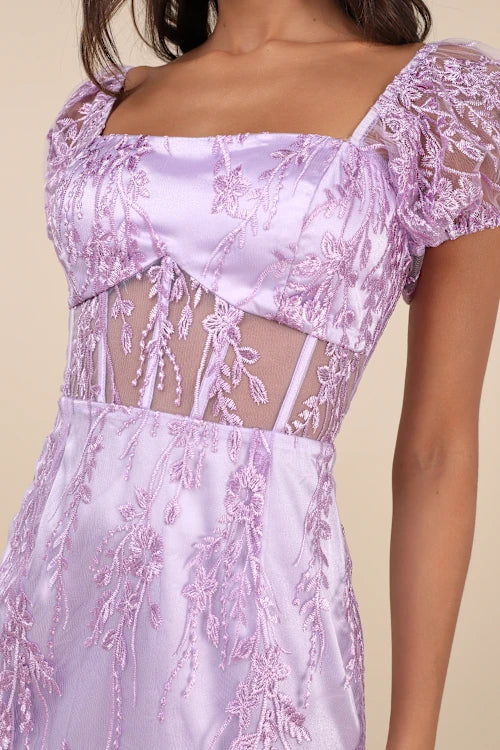 LAVENDER EMBROIDERED MESH PUFF SLEEVE MINI DRESS