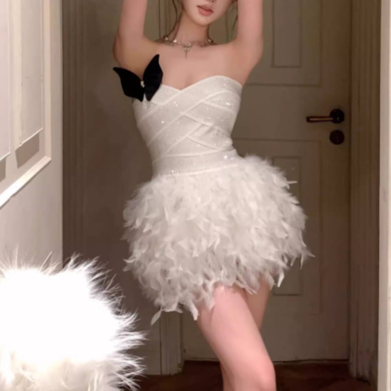 ALISA FEATHER MINI DRESS: PARTY SEQUIN COCKTAIL