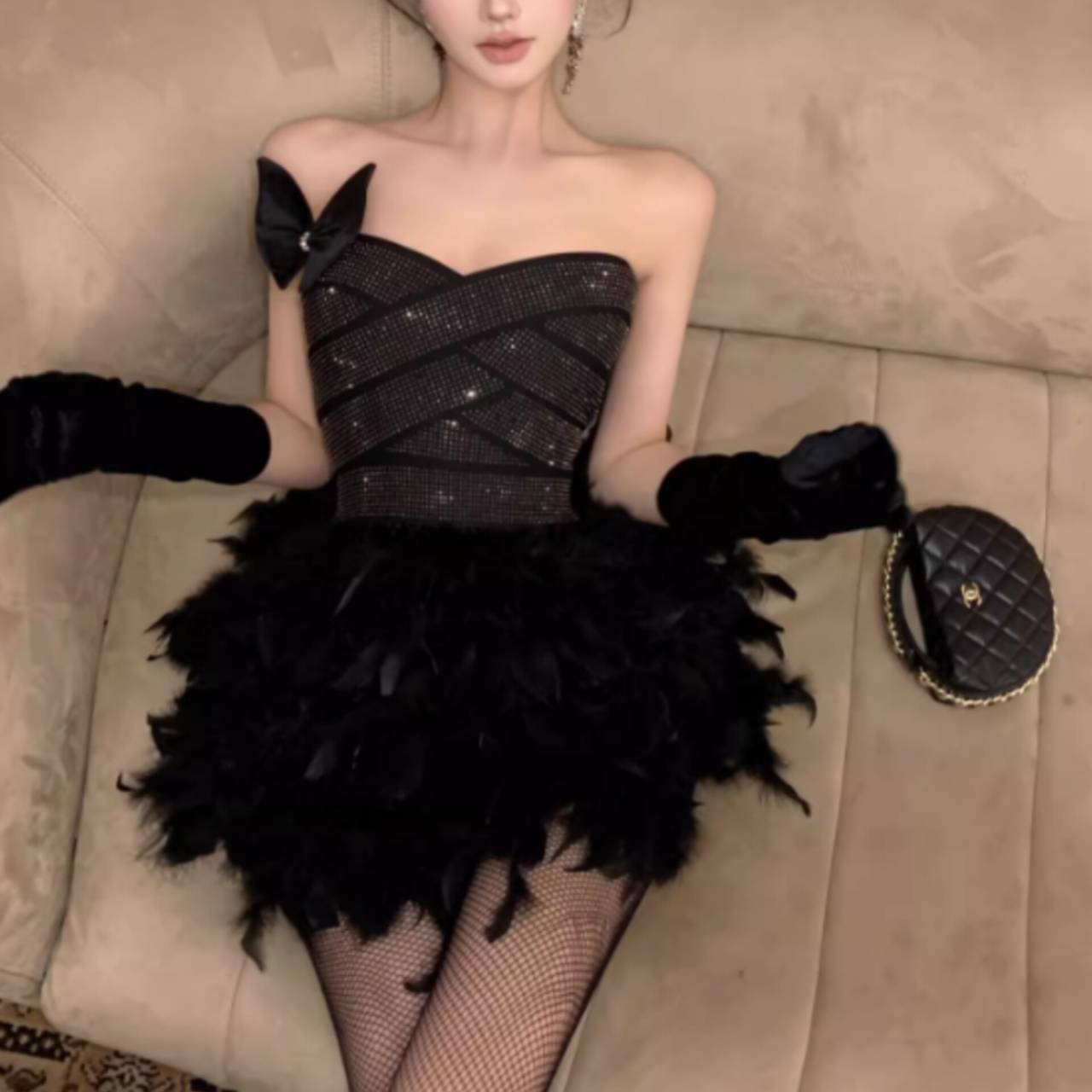 ALISA FEATHER MINI DRESS: PARTY SEQUIN COCKTAIL