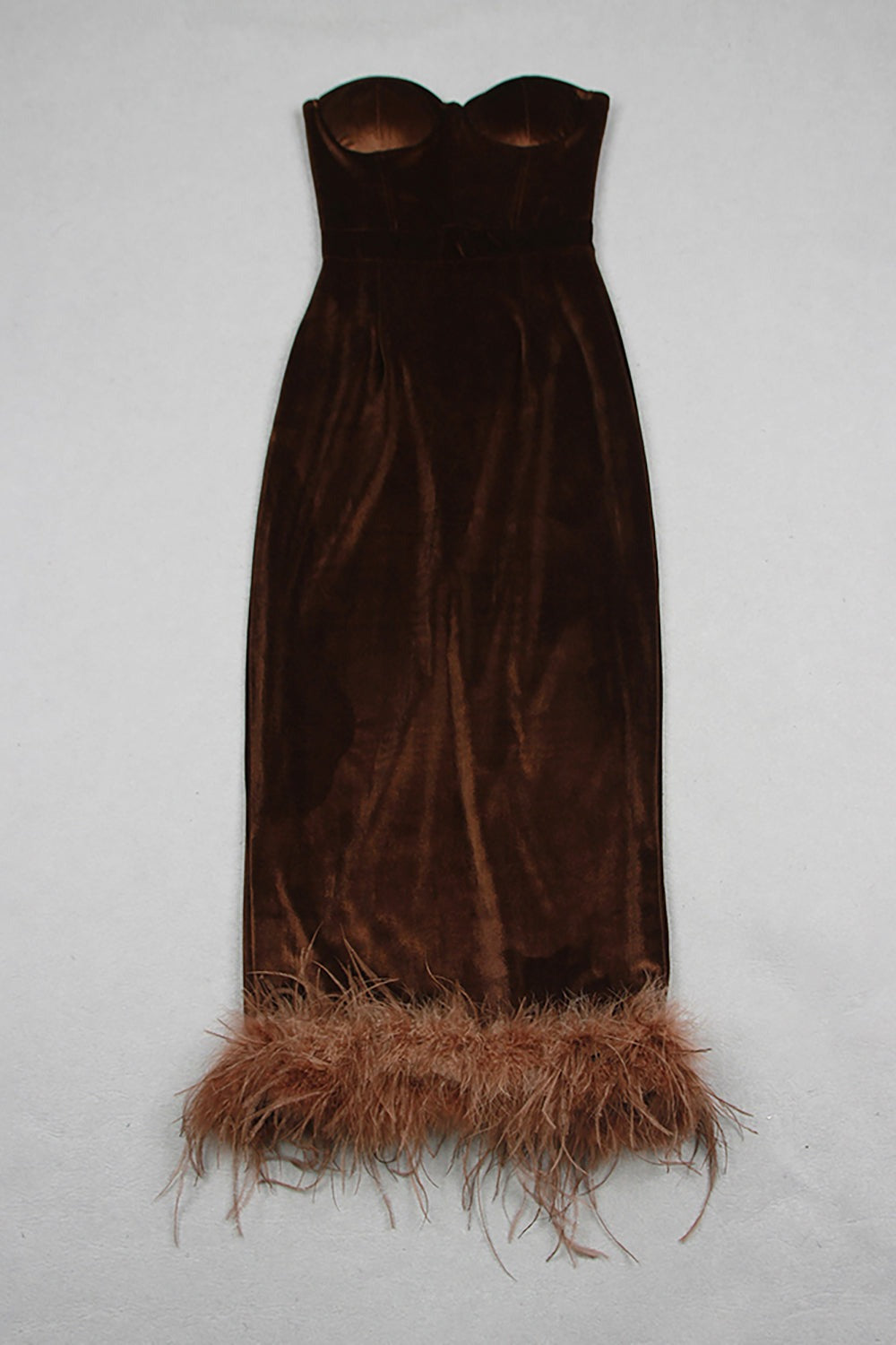 STRAPLESS BUSTIER FEATHER HEM MIDI VELVET DRESS IN BROWN