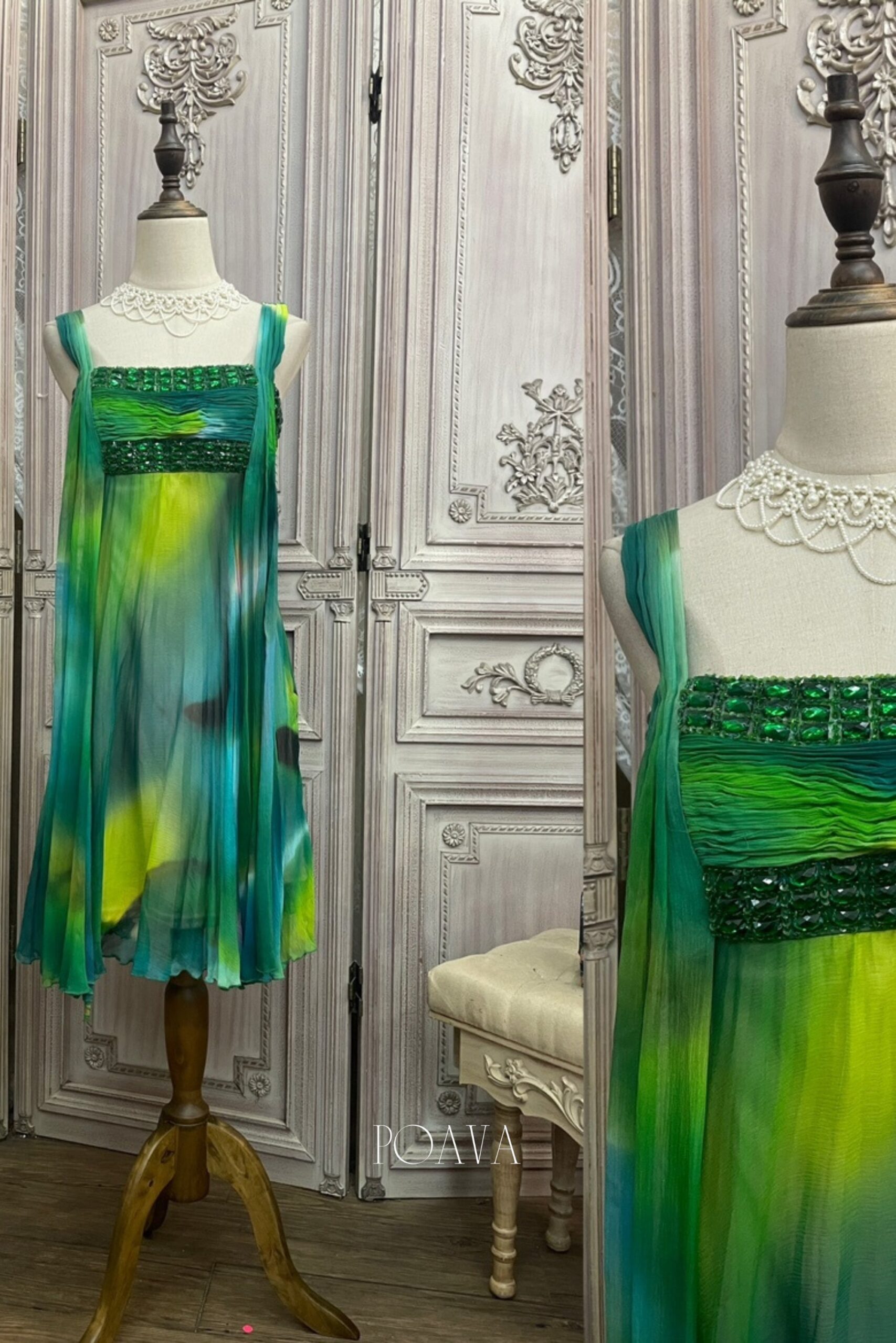 SILK GREEN MIDI DRESS PRINTED EVENING