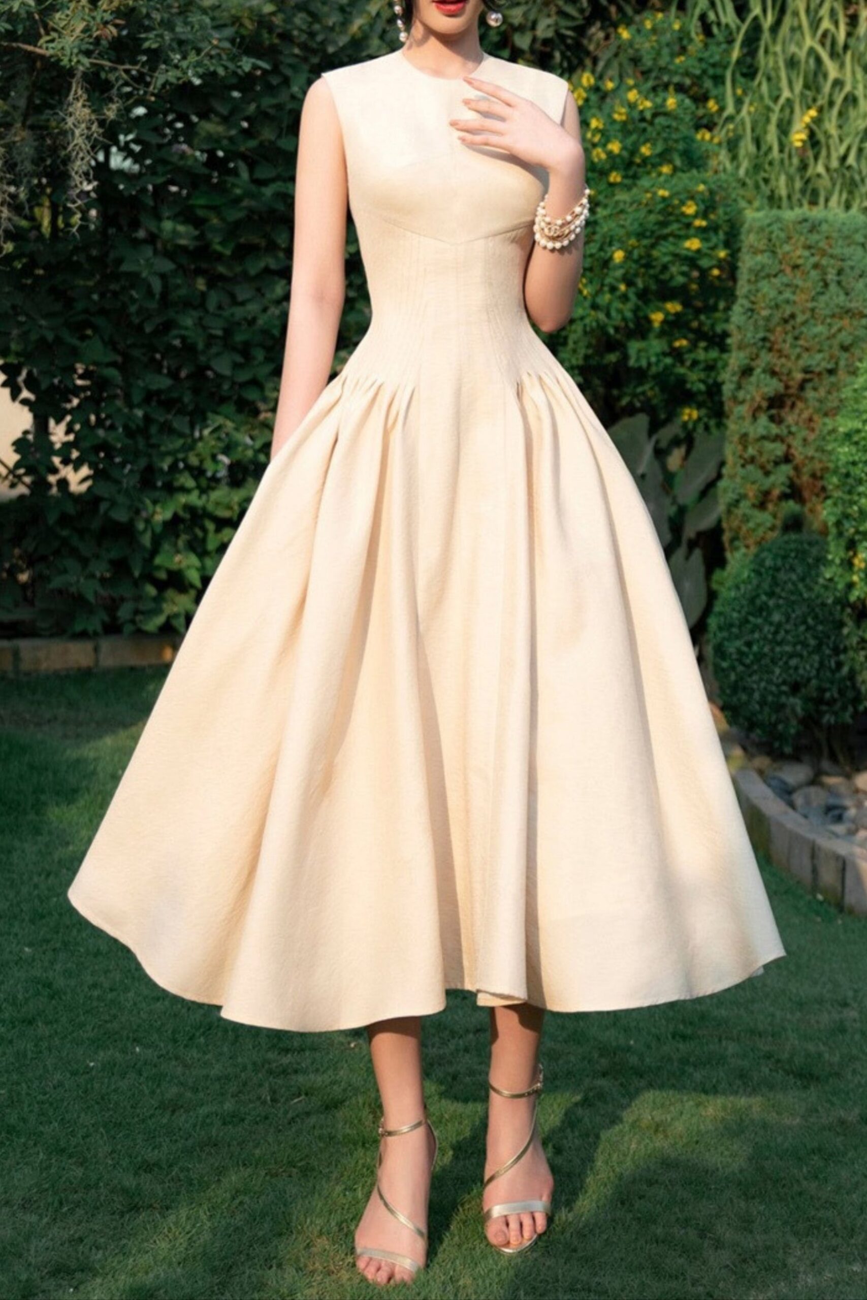 SLEEVELESS CORSET MIDI DRESS, BEIGE WEDDING GUEST