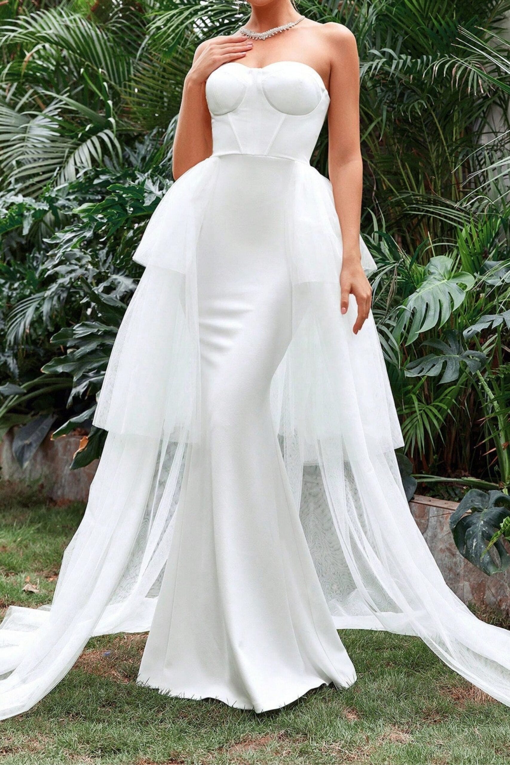 TUBE TOP MERMAID HEM LAYERED MESH DRESS