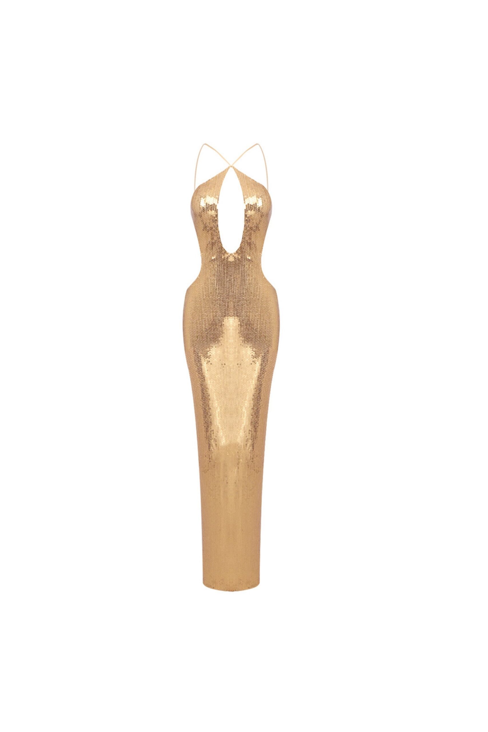 GLITTER GOLD CUTOUT MAXI DRESS, PARTY NIGHT