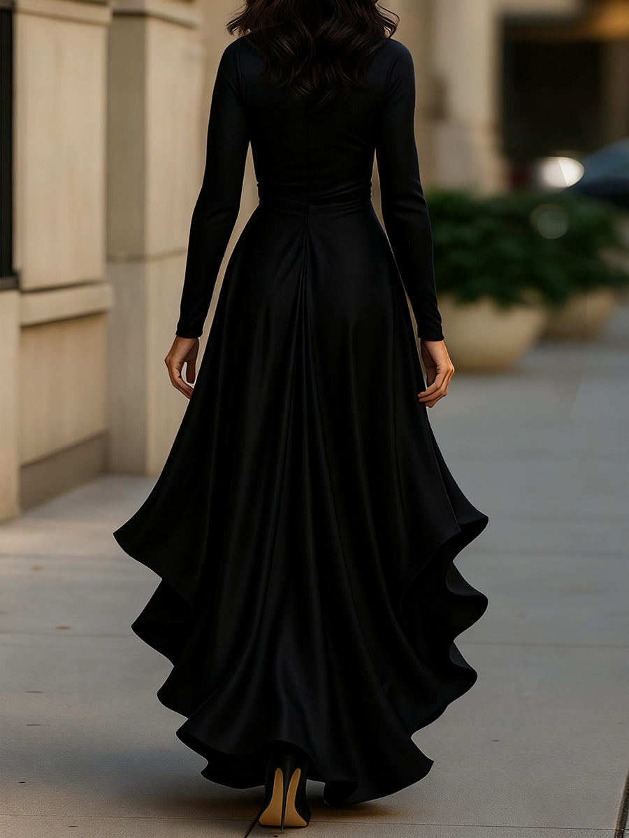 MIDNIGHT BLUE DRAPED SATIN MAXI DRESS, RUFFLE EVENING GOWN
