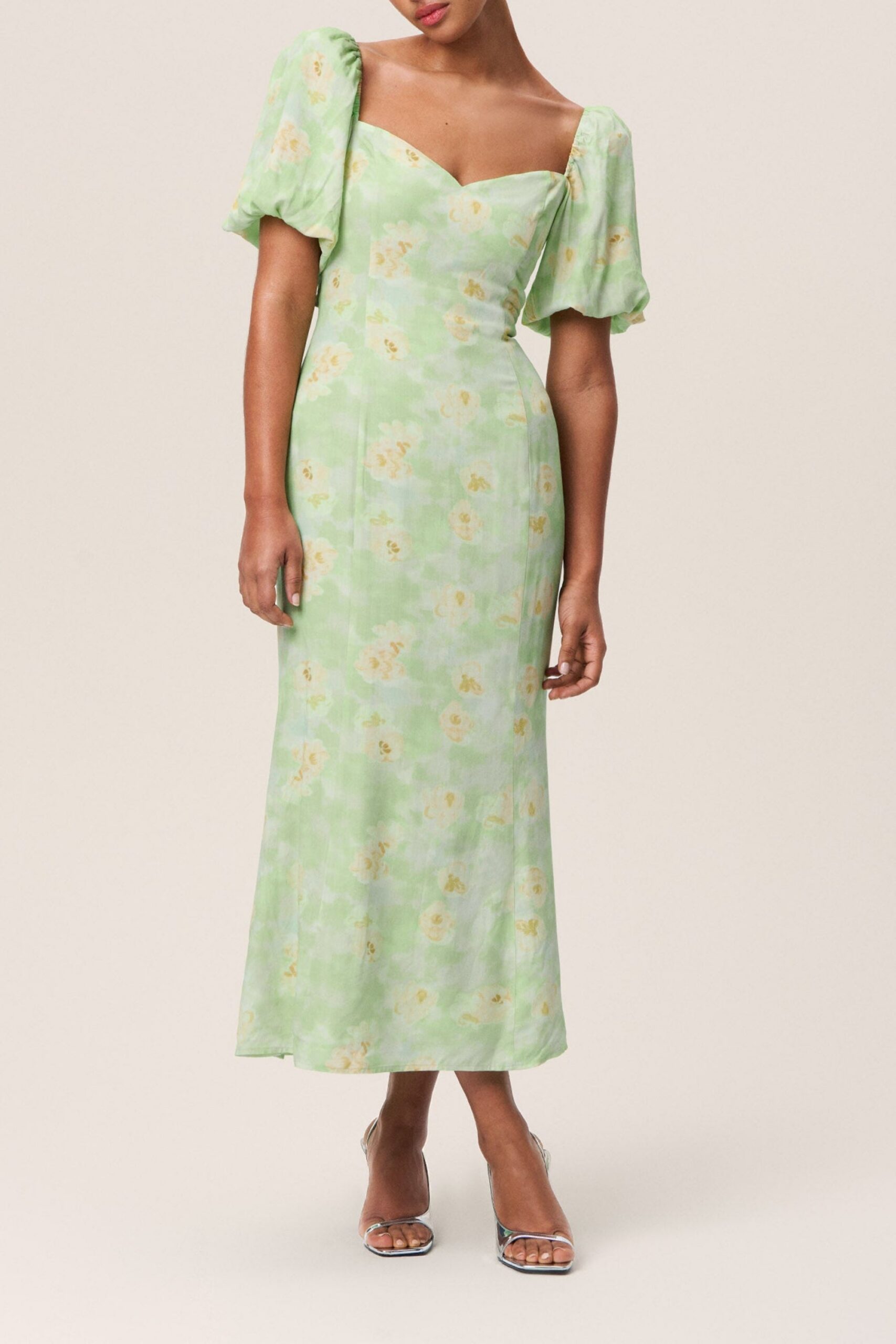 FLORAL PUFF SLEEVE MIDI DRESS FOR WEDDING GUEST