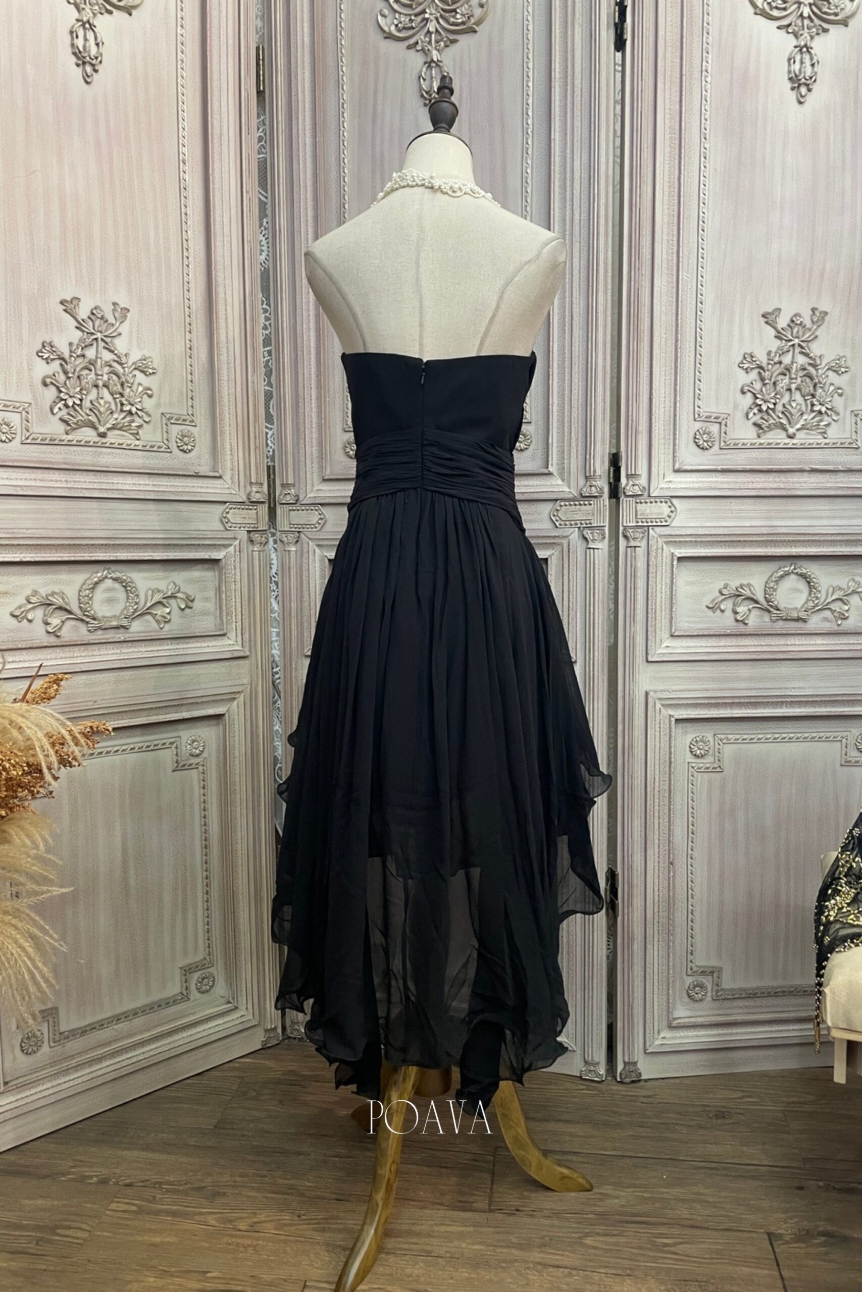 CHIFFON STRAPLESS EMBELLISHED MIDI DRESS BLACK