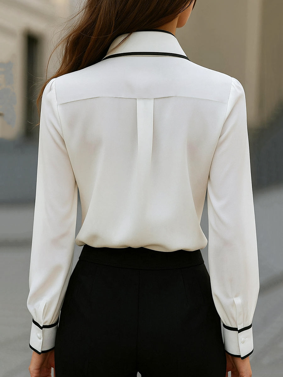 CHIC CONTRAST TRIM TIE BLOUSE FOR WORK