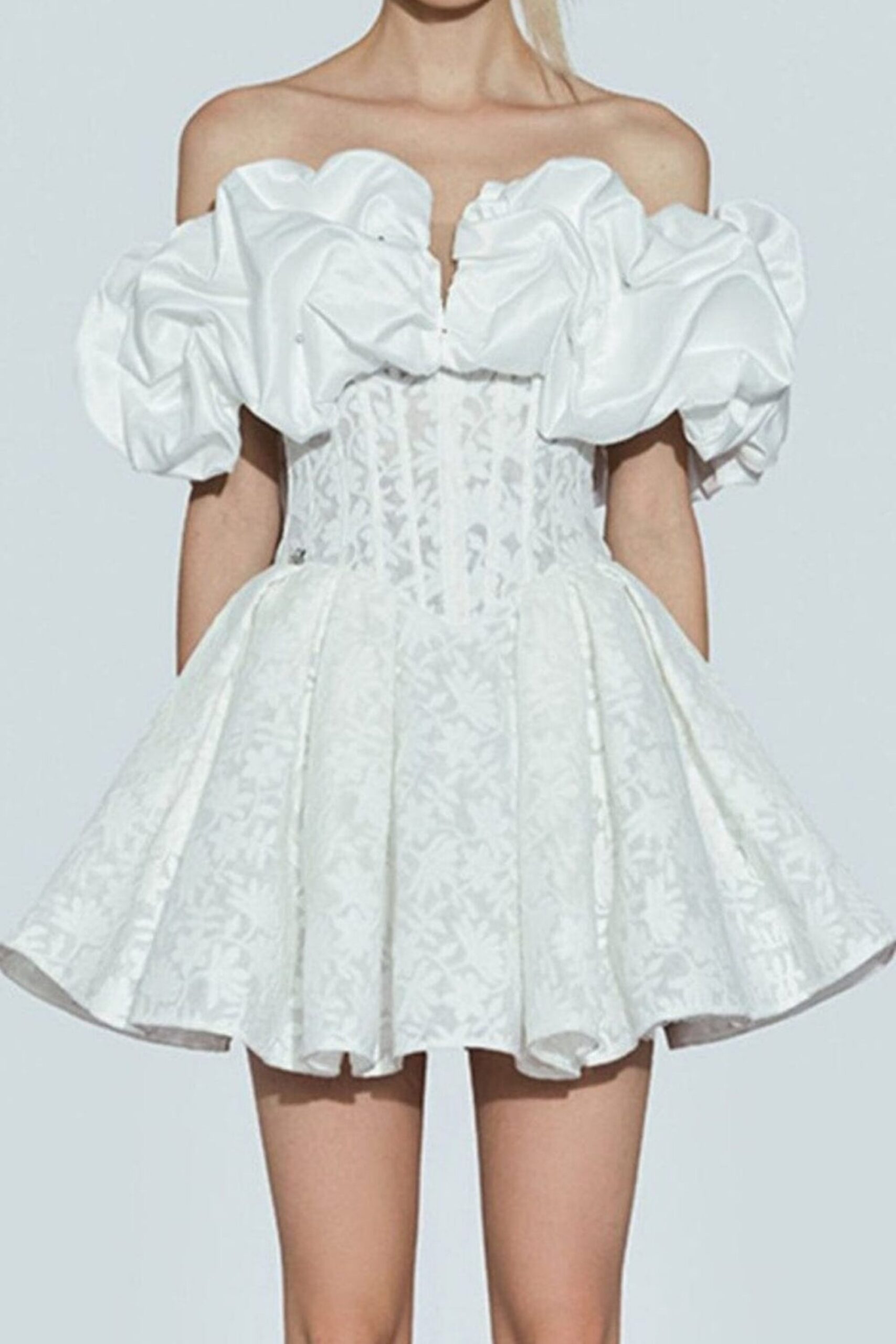 OFF SHOULDER WHITE CORSET MINI DRESS