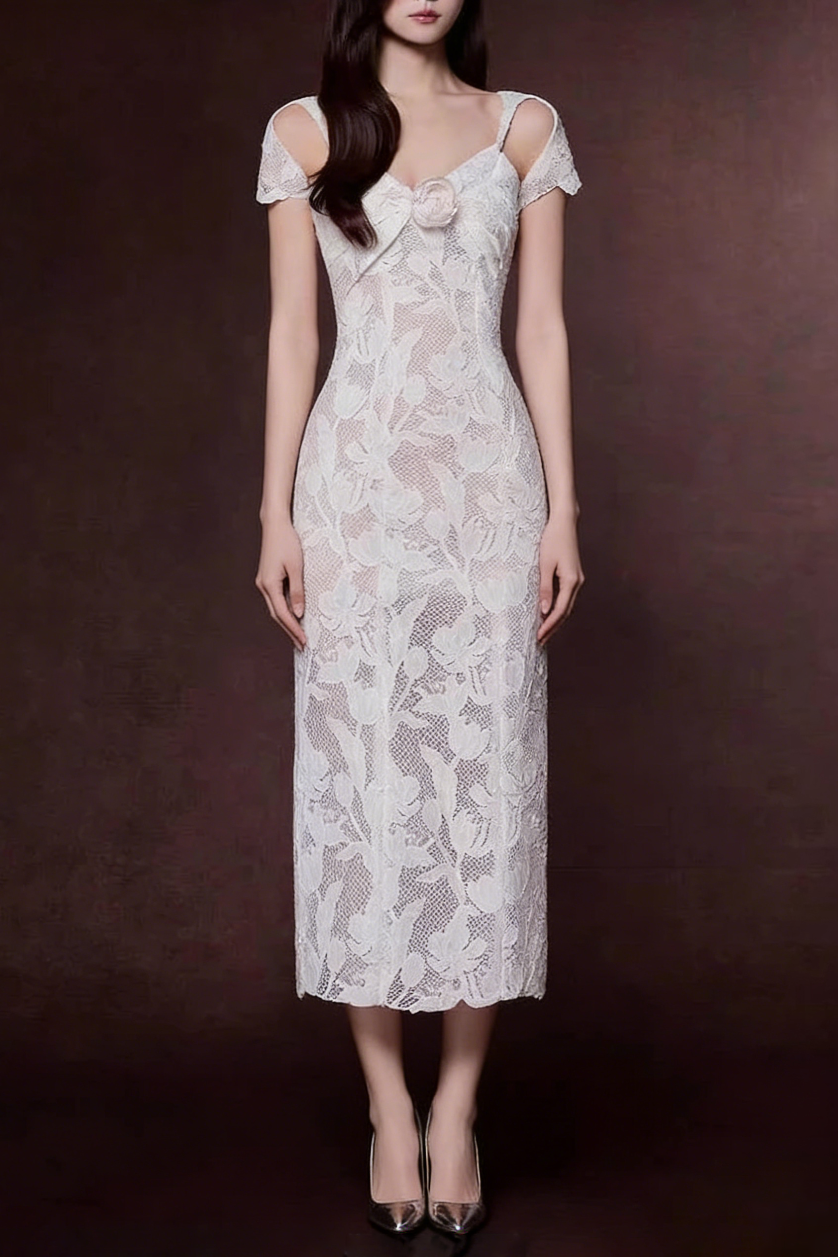 WHITE LACE COLD-SHOULDER MIDI DRESS WITH 3D ROSES