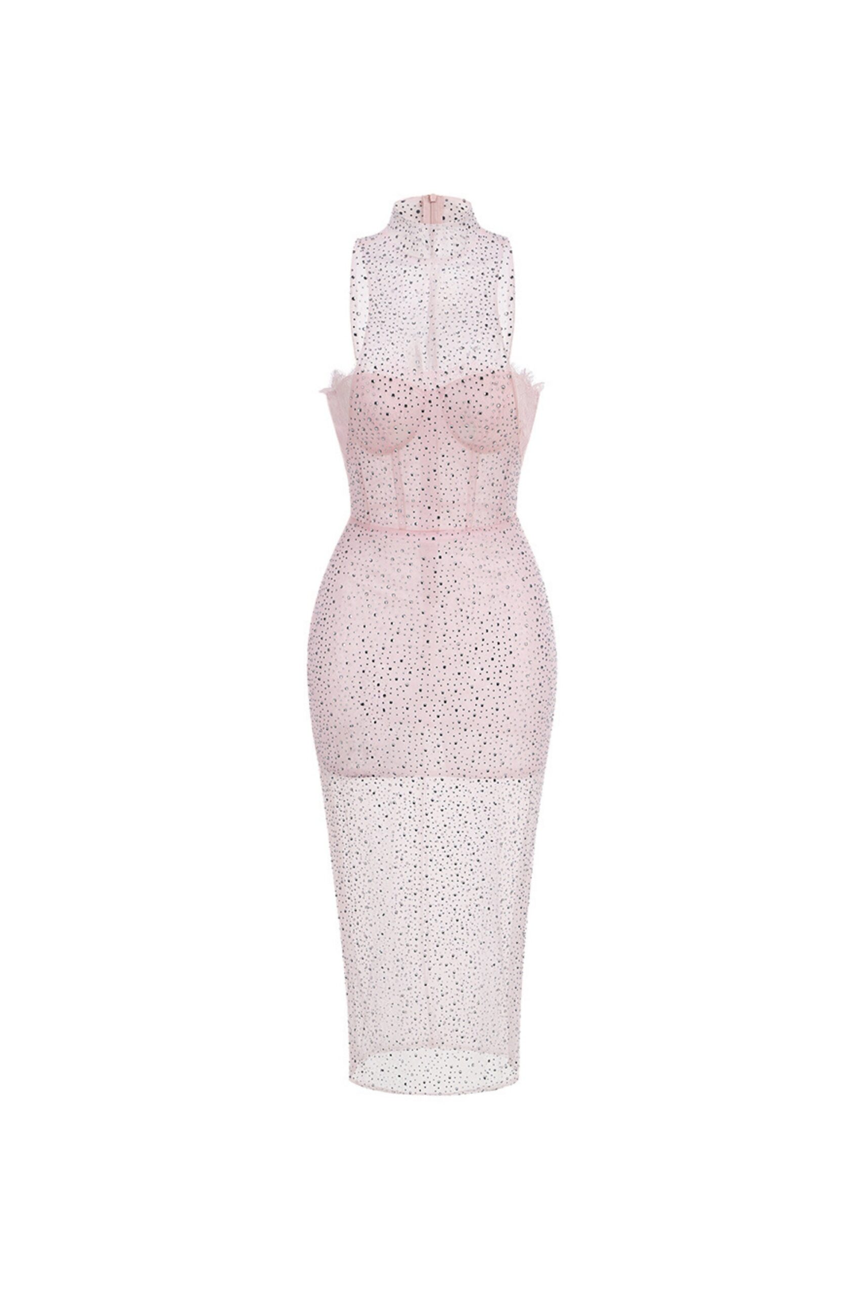 SHEER SEQUIN EMBELLISHED MAXI DRESS PINK
