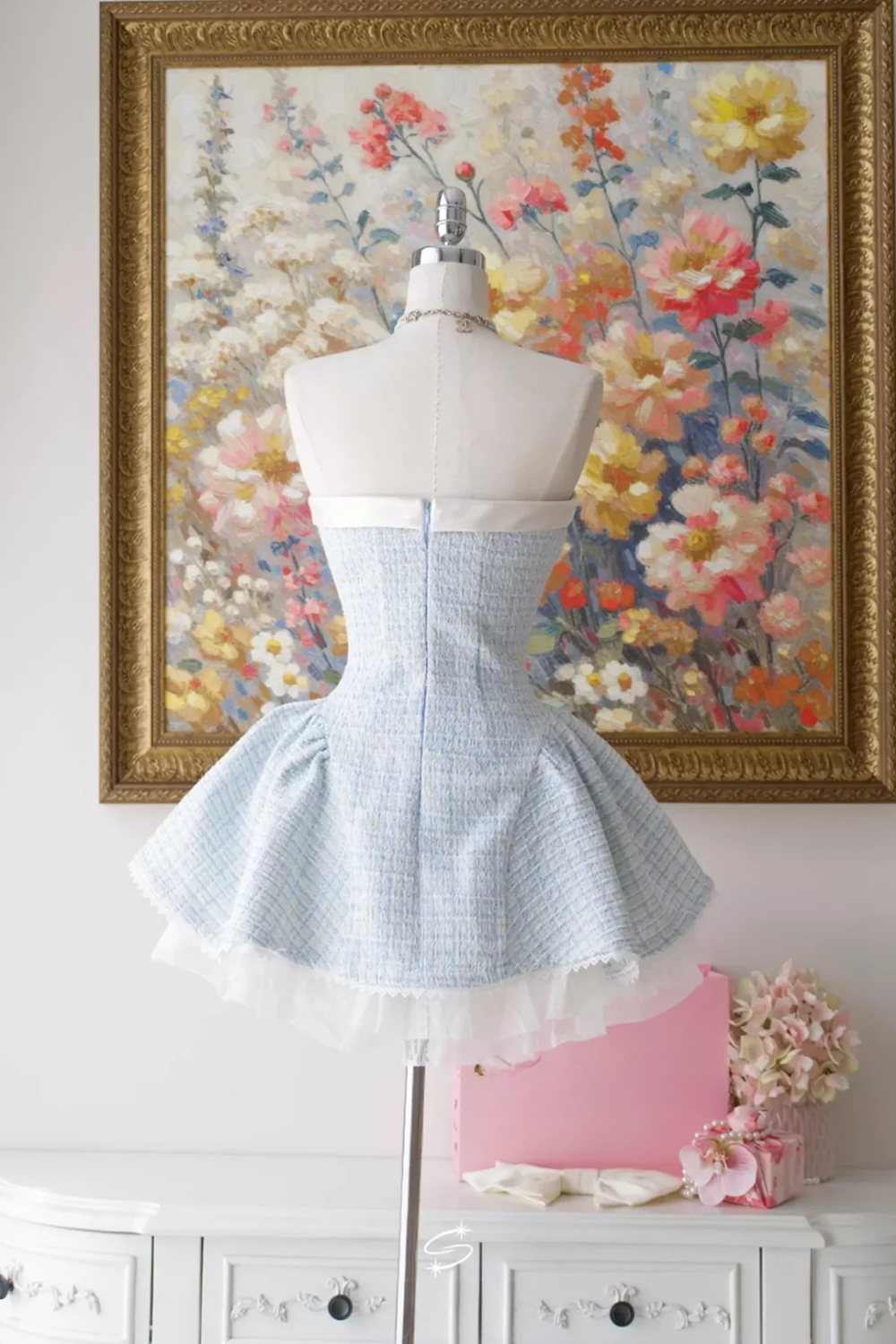 TWEED BOW MINI DRESS BLUE COCKTAIL PARTY