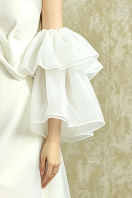 STRAPLESS WHITE ORGANZA MIDI DRESS WITH BELL SLEEVES
