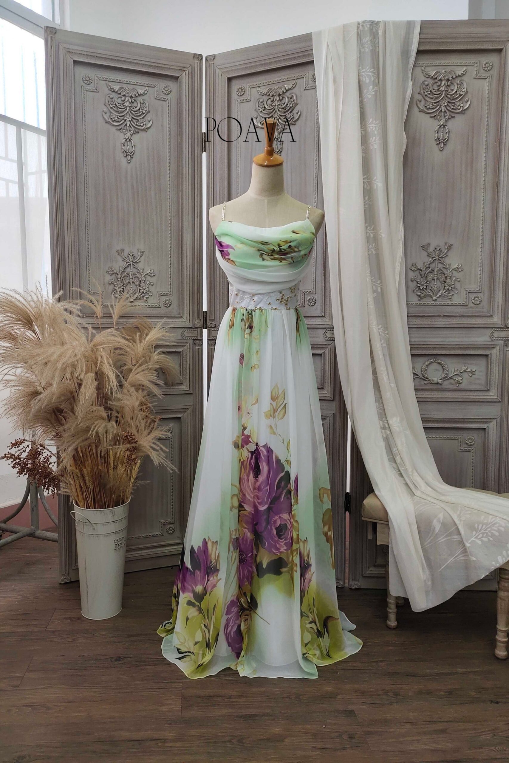 FLORAL CHIFFON MAXI DRESS, A-LINE FOR WEDDING GUEST