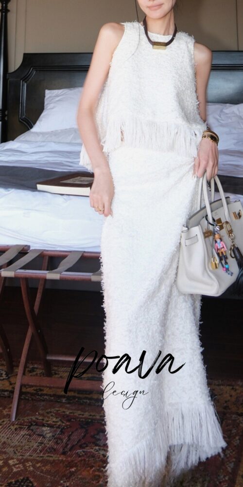 Fringe midi dress set in white
