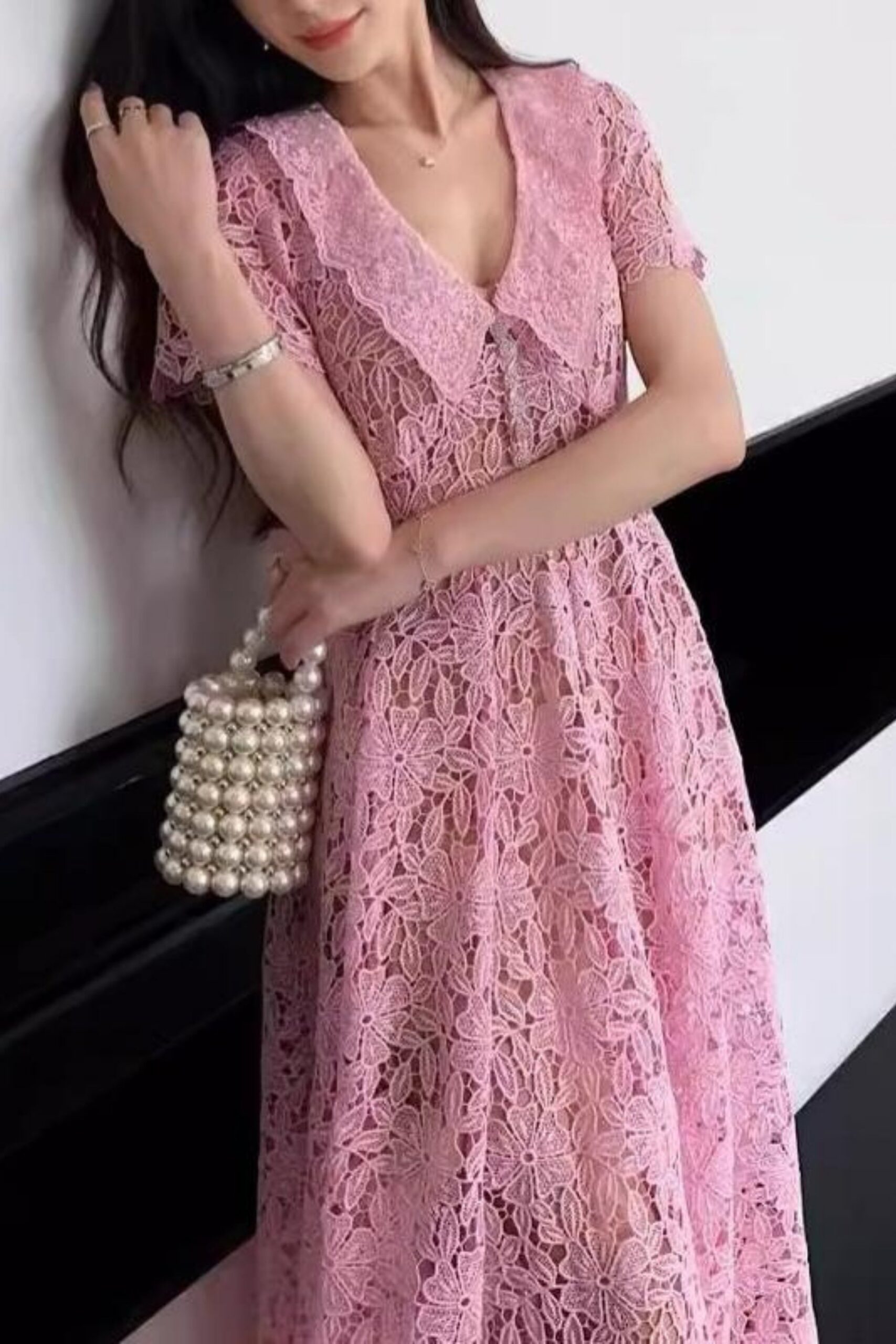 LACE FLORAL MIDI DRESS PINK WEDDING GUEST