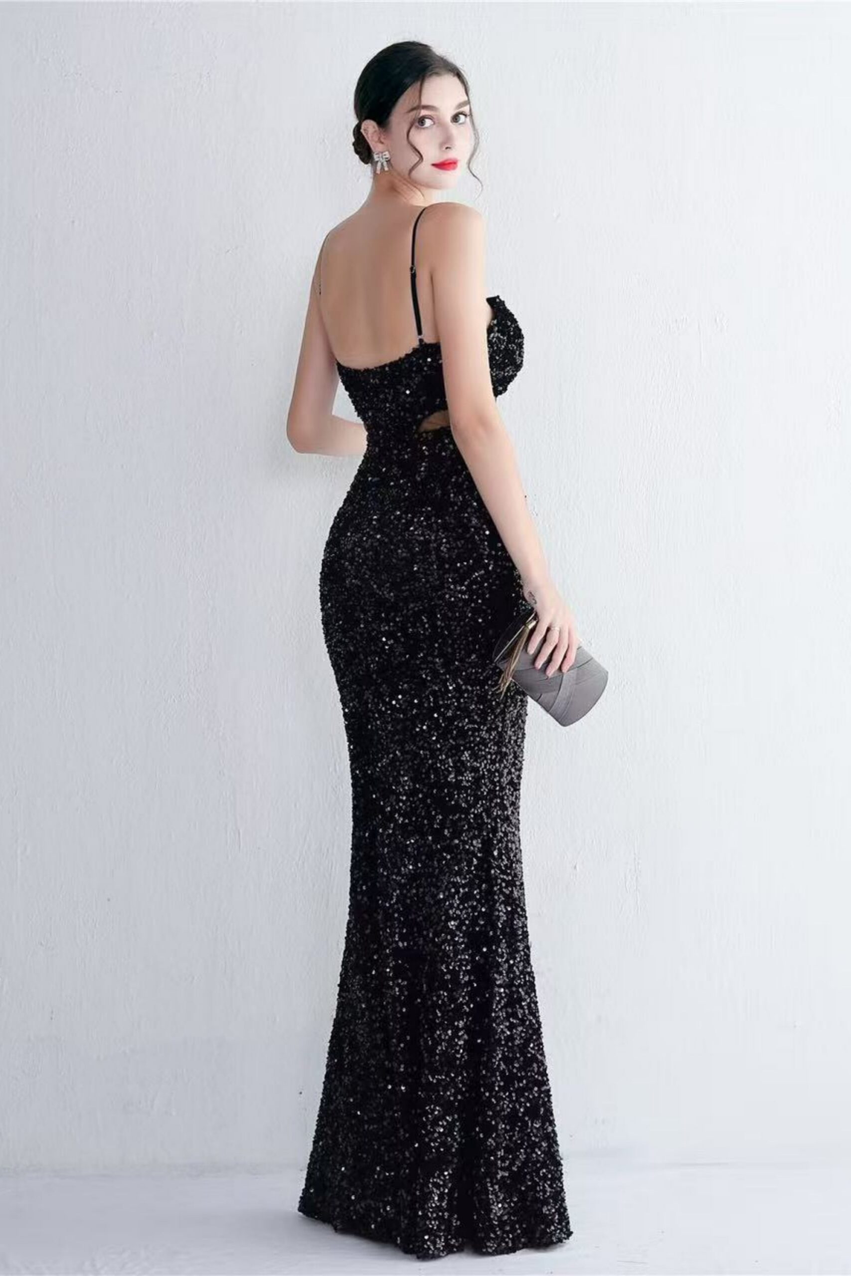 MARIAN BLACK CUTOUT SEQUIN HALTER MAXI DRESS