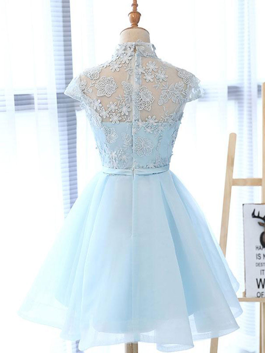 BLUE HIGH NECK TULLE LACE MINI PARTY DRESS