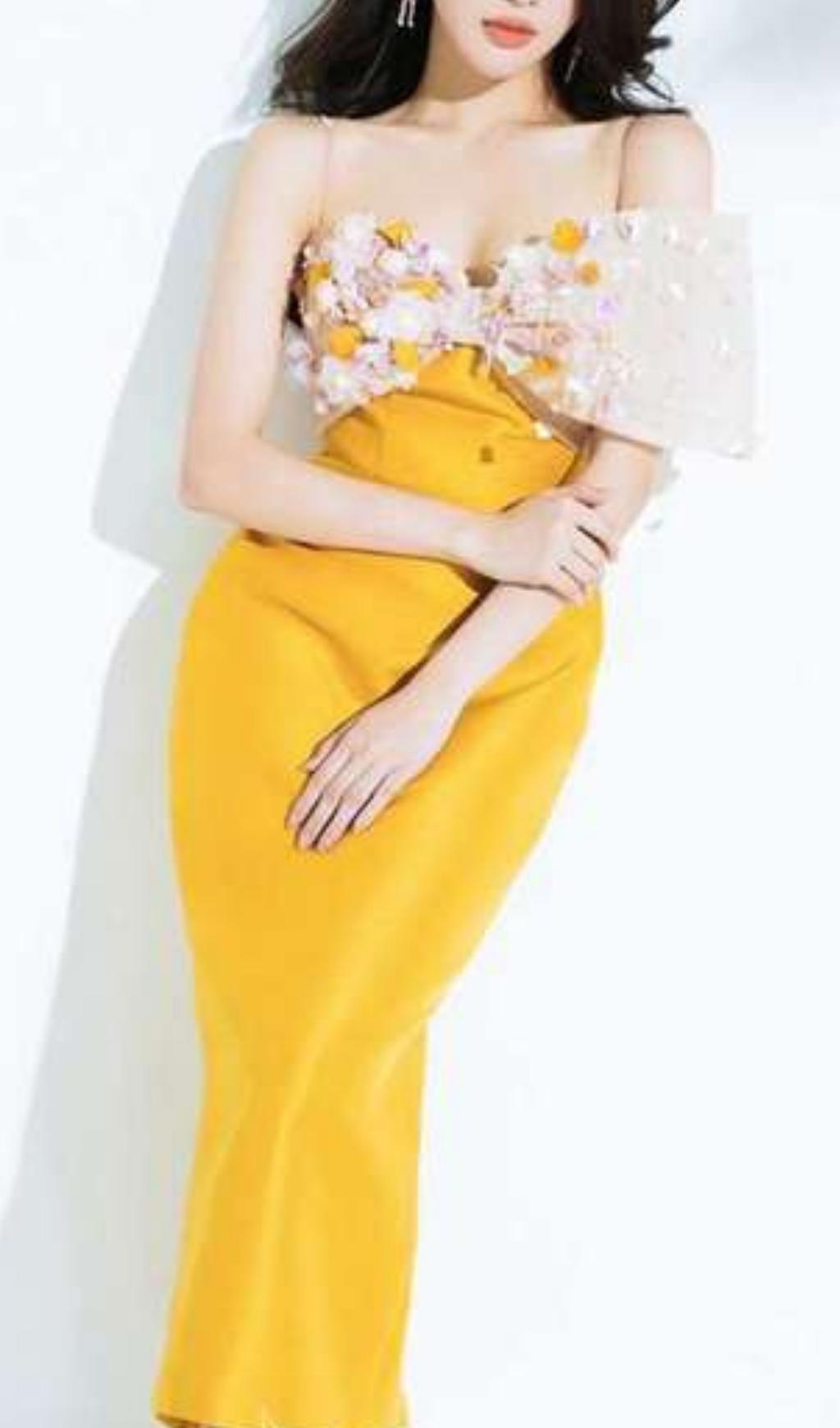 YELLOW FLOWER MIDI DRESS FOR WEDDING GUEST