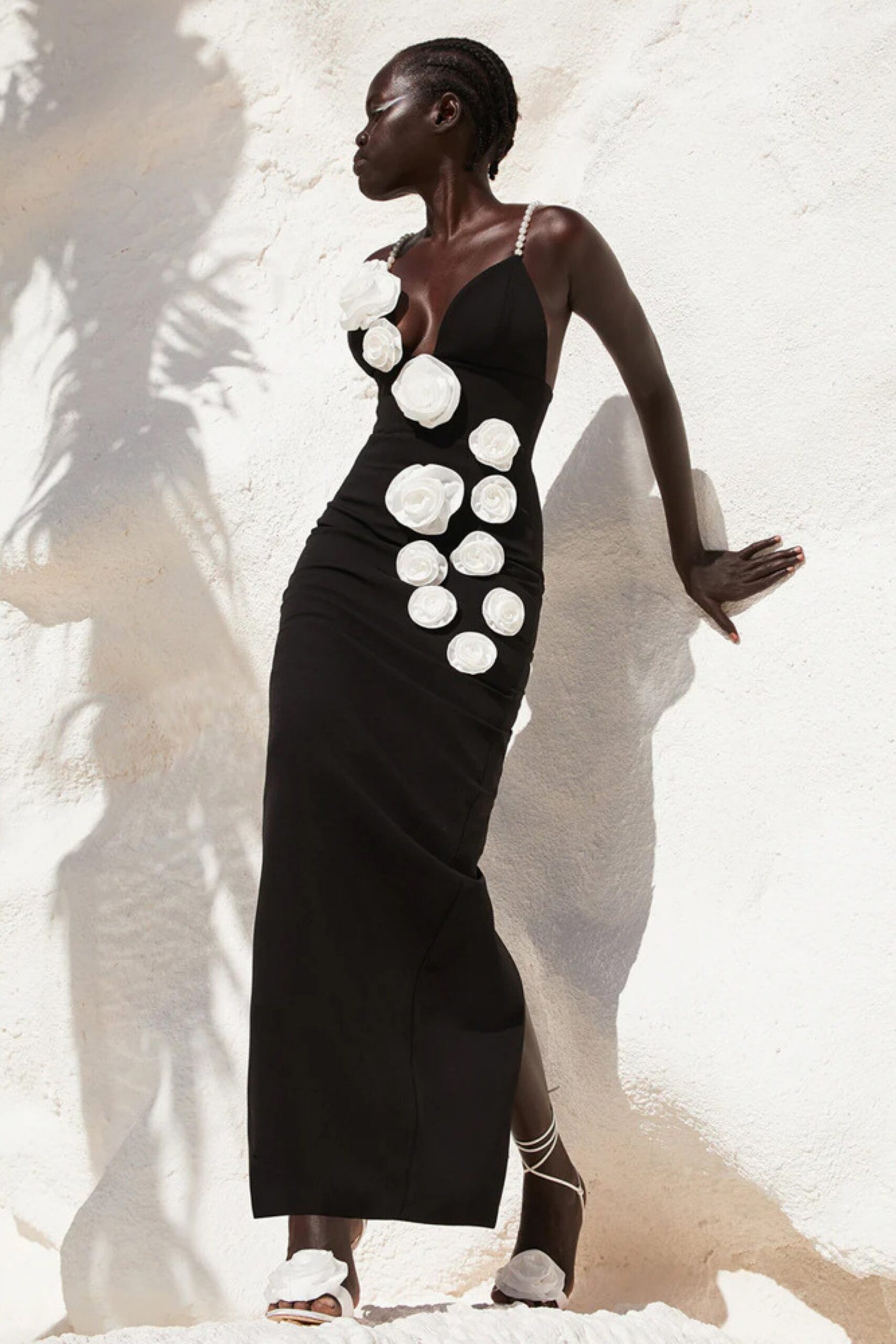 3D FLOWER MAXI DRESS, BLACK, EVENING