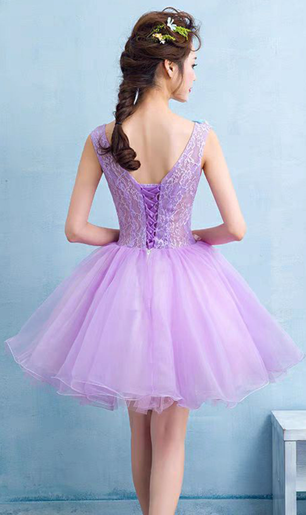 SEXY PURPLE V-NECK LACE MINI DRESS FOR PARTY