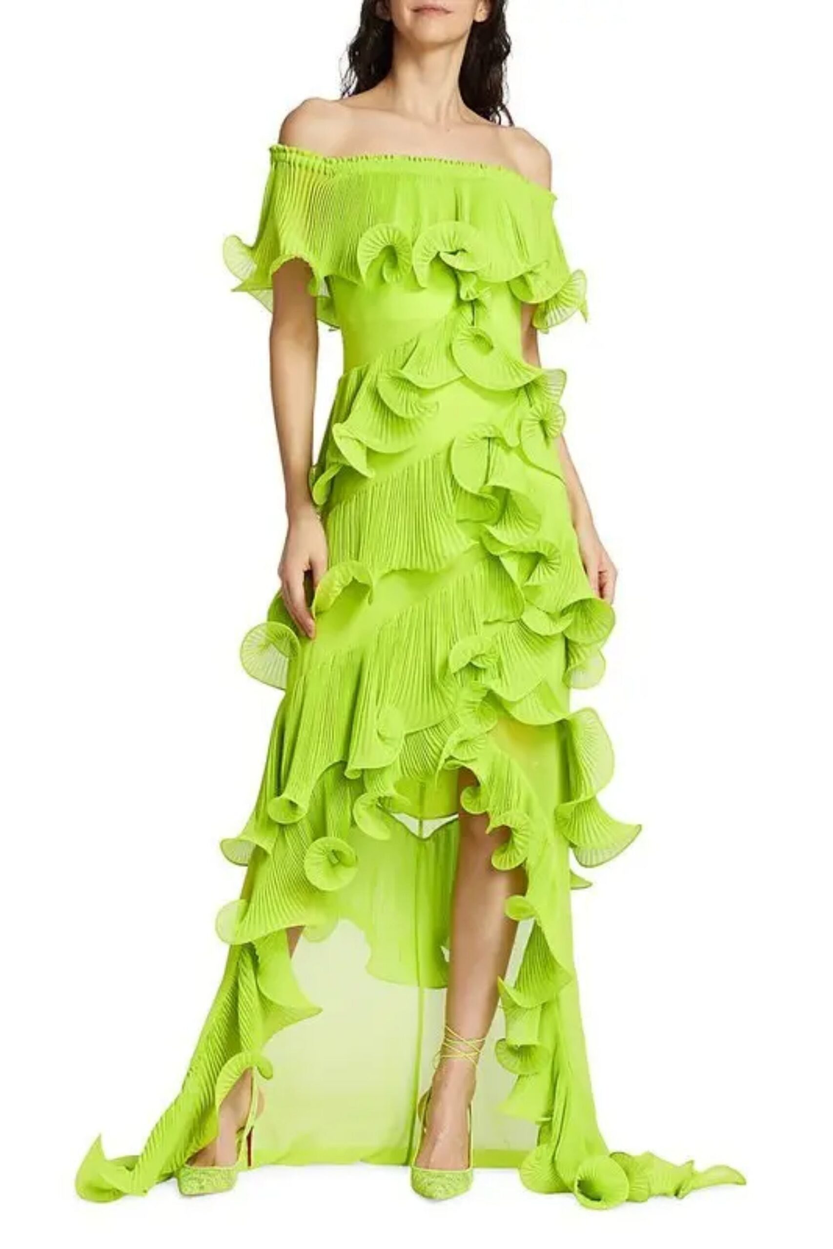 DORA GREEN OFF-SHOULDER PLEATED MAXI DRESS