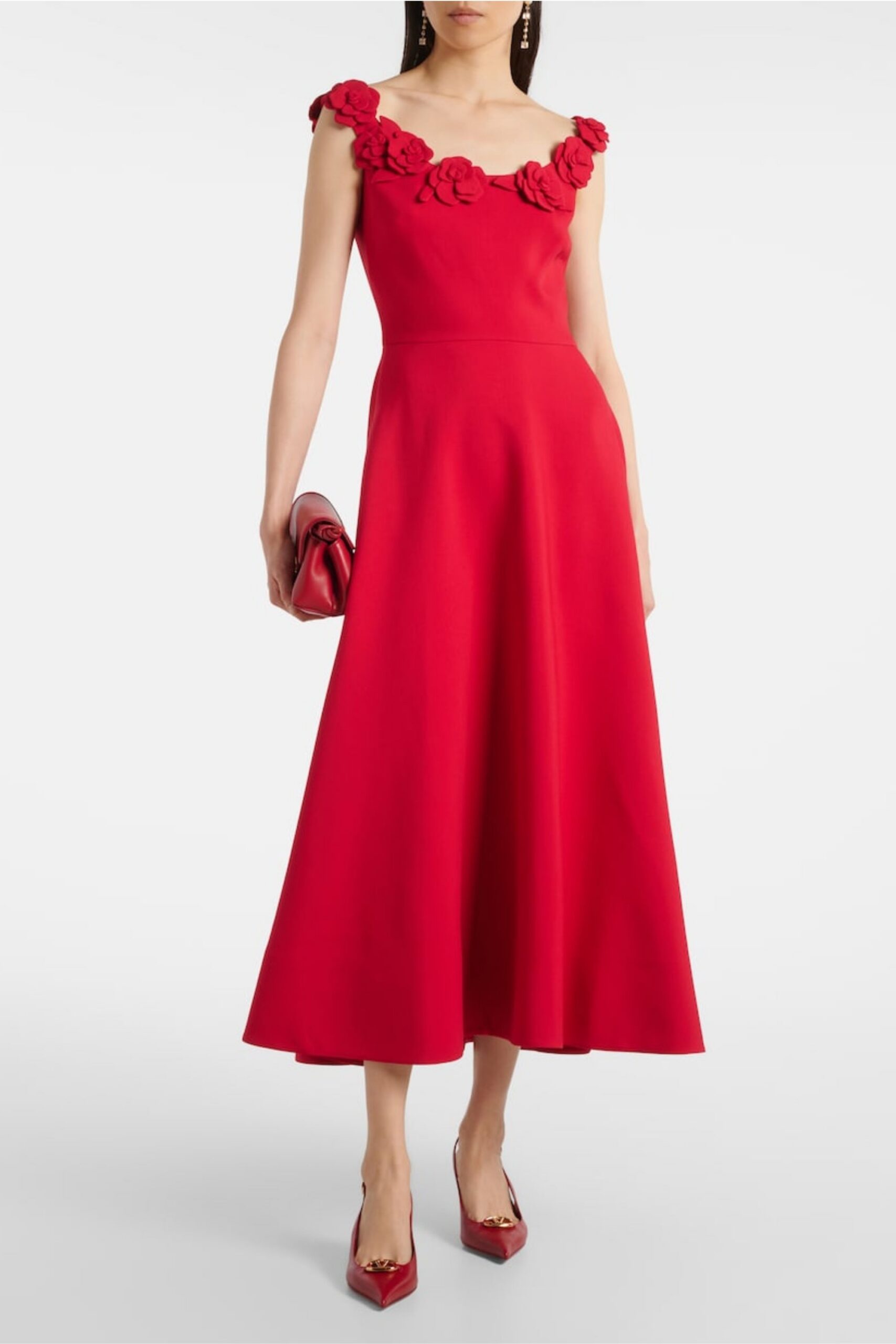 RED EMBELLISHED FLORAL MIDI DRESS FOR PARTY