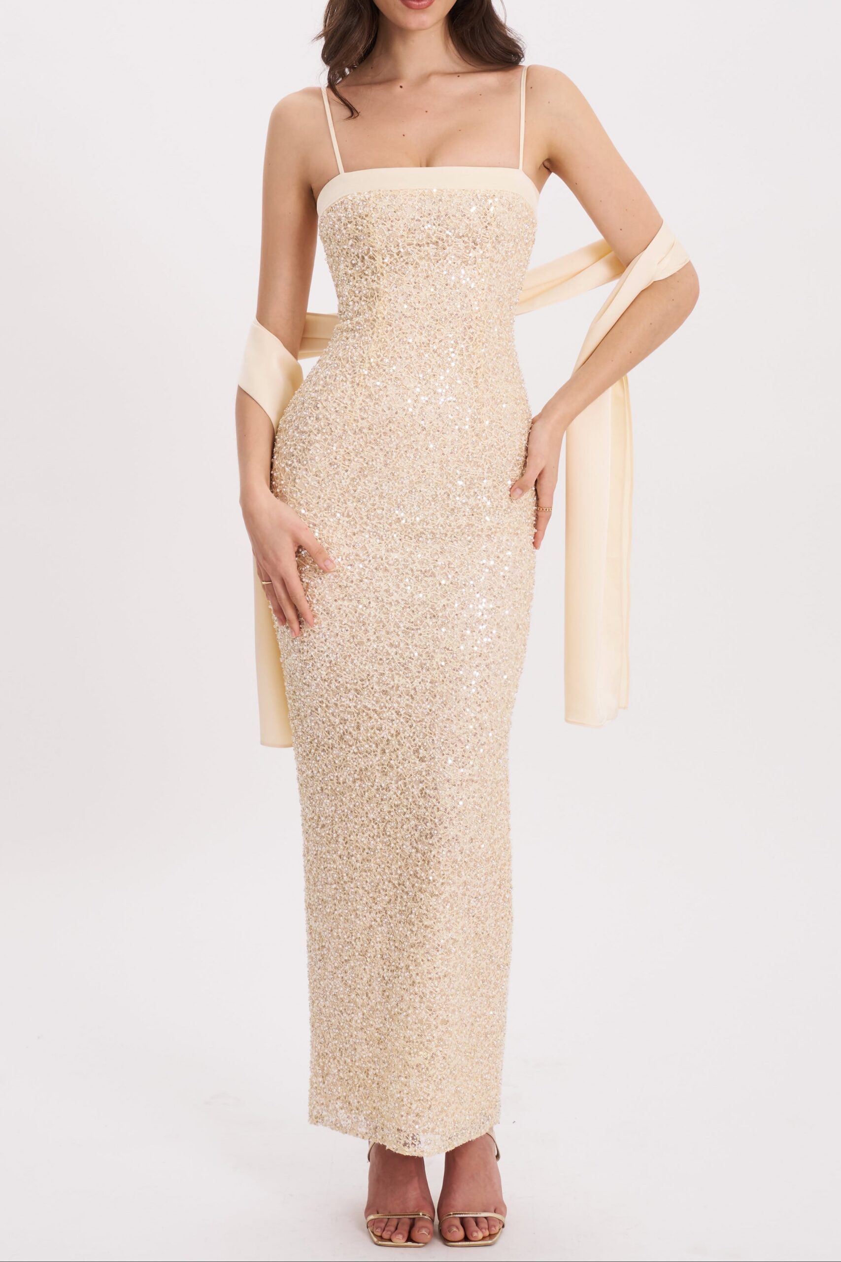 GOLD BEADED SEQUIN BODYCON GOWN WITH SCARF