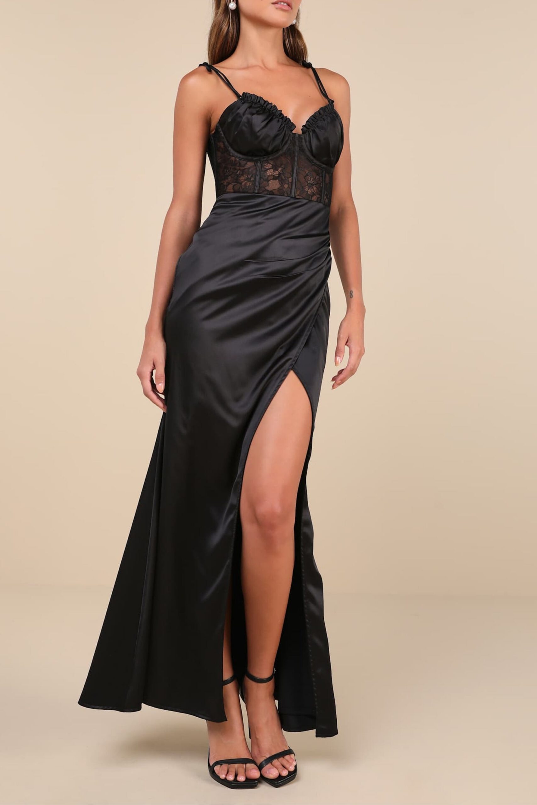 AURA BLACK SATIN LACE BUSTIER MAXI DRESS