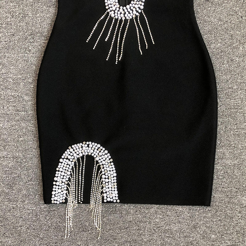 BLACK BANDAGE MINI DRESS WITH DIAMOND EMBELLISHMENT