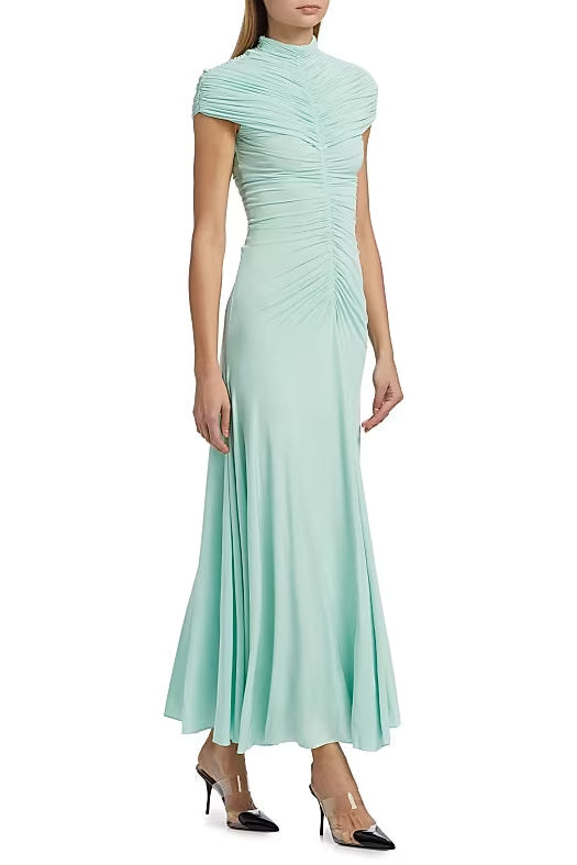 LILLIAN GATHERED HIGH-NECK MAXI DRESS IN GREEN