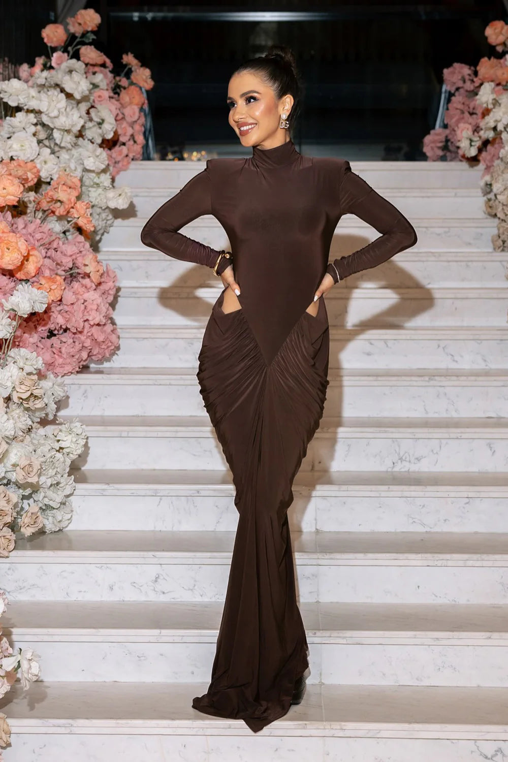 JACQUELINE BROWN TURTLENECK CUTOUT BODYCON GOWN
