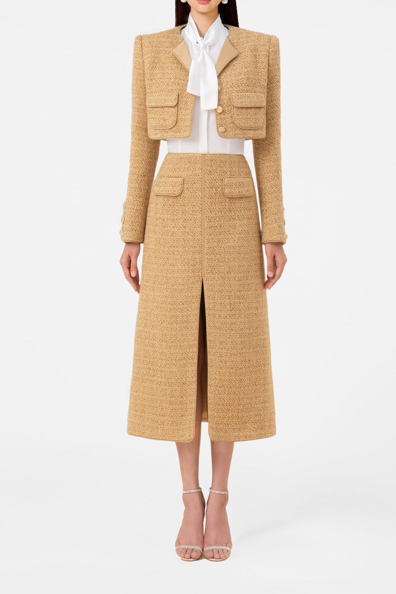 11lobster_d2f5b11c-154c-4f05-ab47-9011627cb461 GOLD TWEED SET: CHANEL-STYLE COCKTAIL DRESS