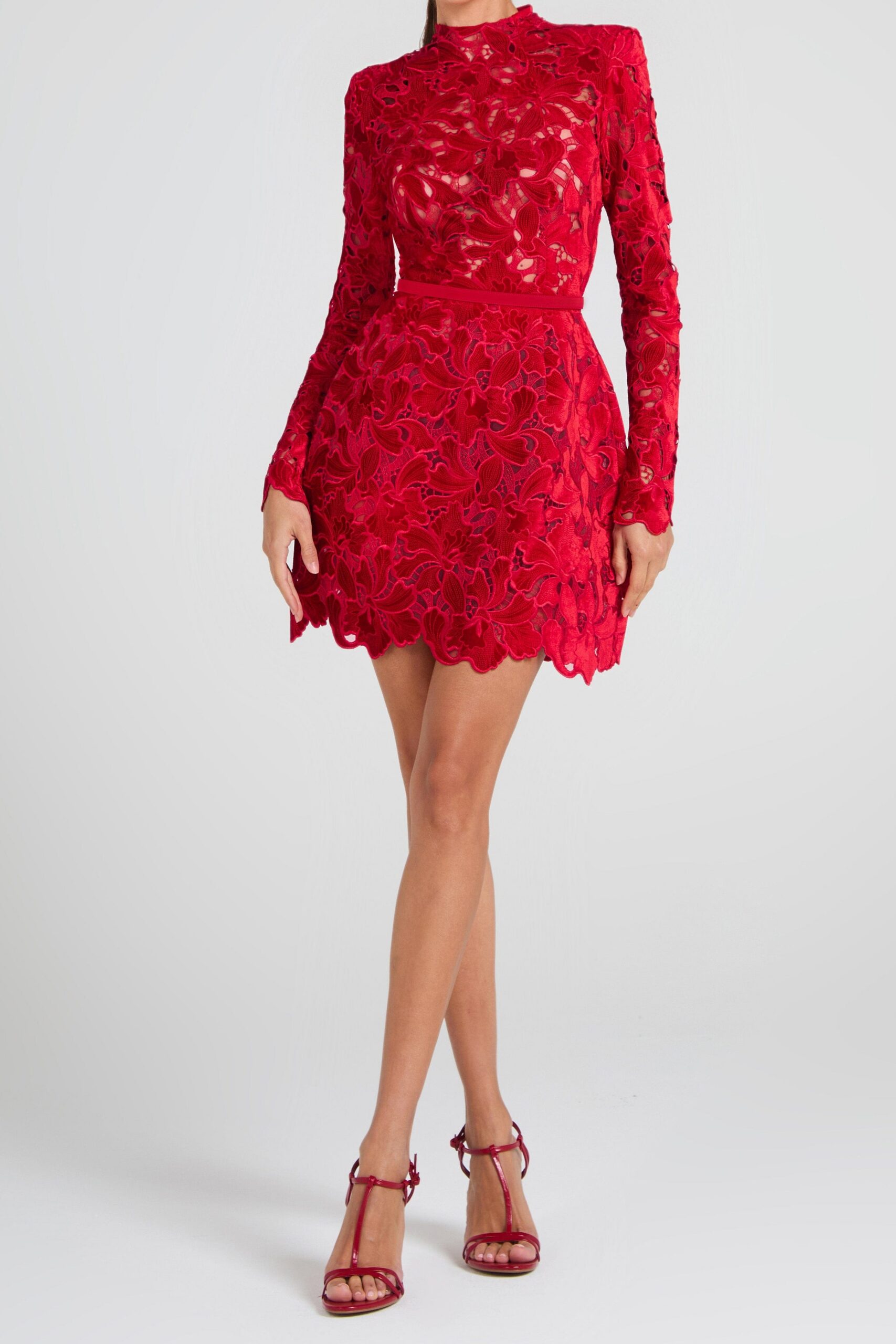12-09-24-NADINE-614copy SHERRY RED LACE ZIPPER MINI DRESS, LONG SLEEVES