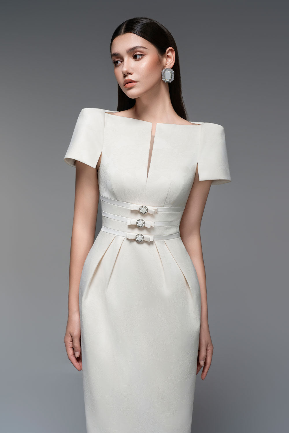 BEATRICE BROCADE SHEATH DRESS, BOAT NECK MAXI