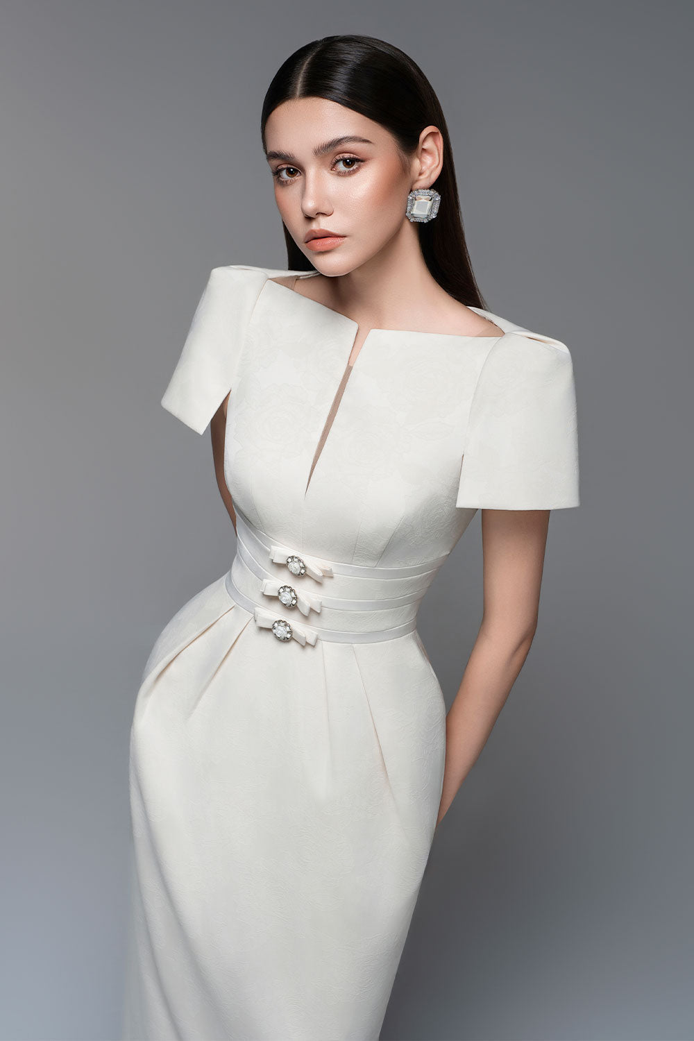 BEATRICE BROCADE SHEATH DRESS, BOAT NECK MAXI