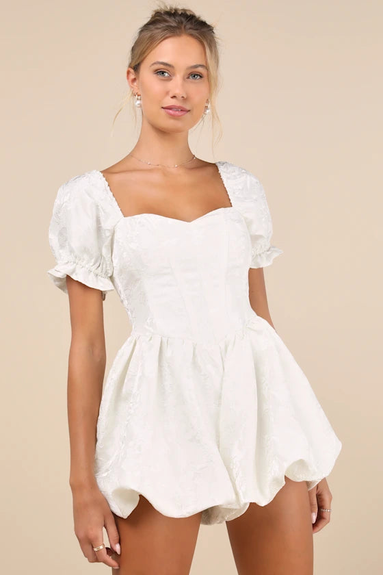 IVORY FLORAL JACQUARD BUBBLE ROMPER, PRINCESS PARTY