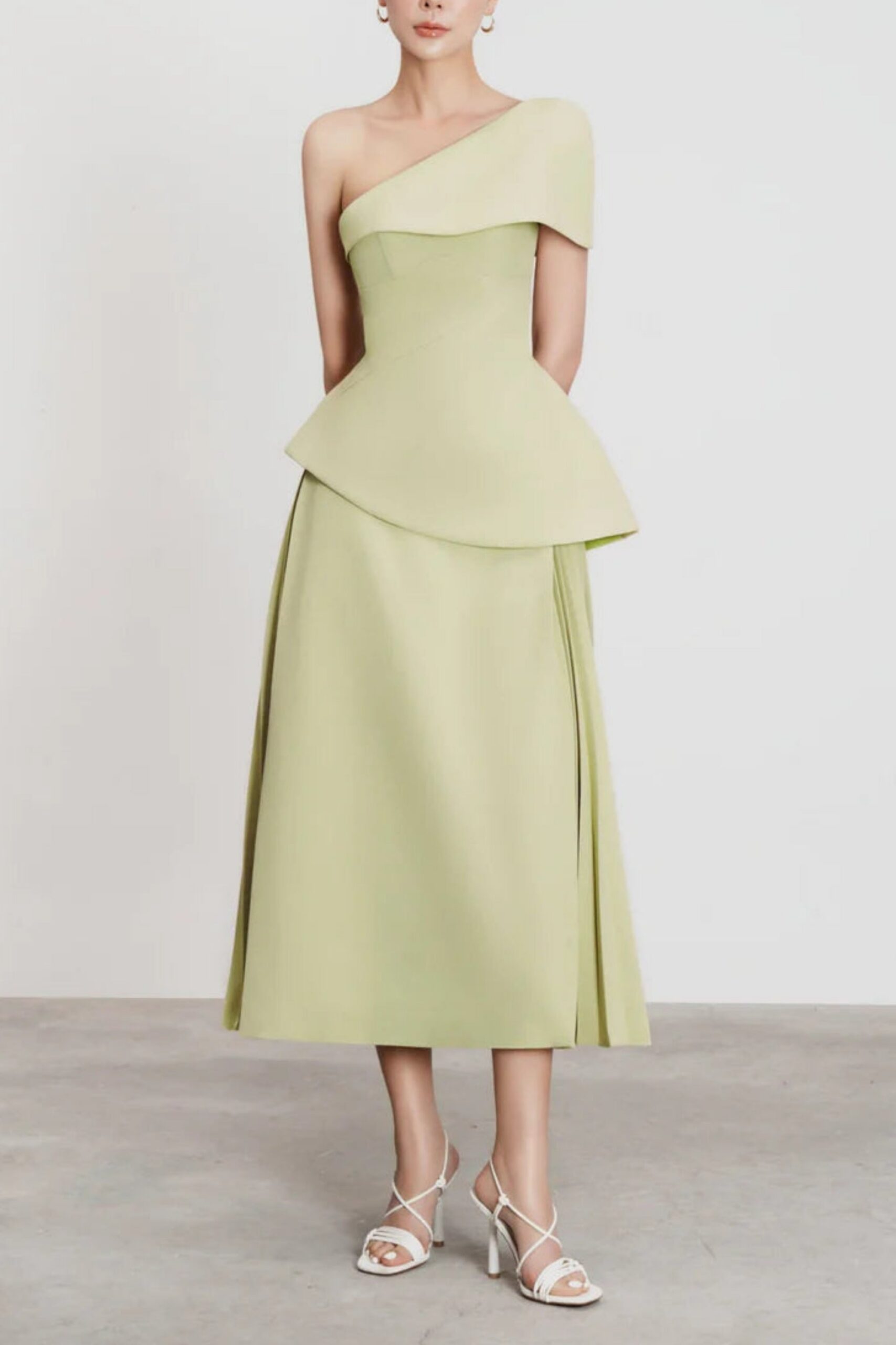 121 ONE SHOULDER FLARE MIDI SKIRT SUIT OLIVE GREEN