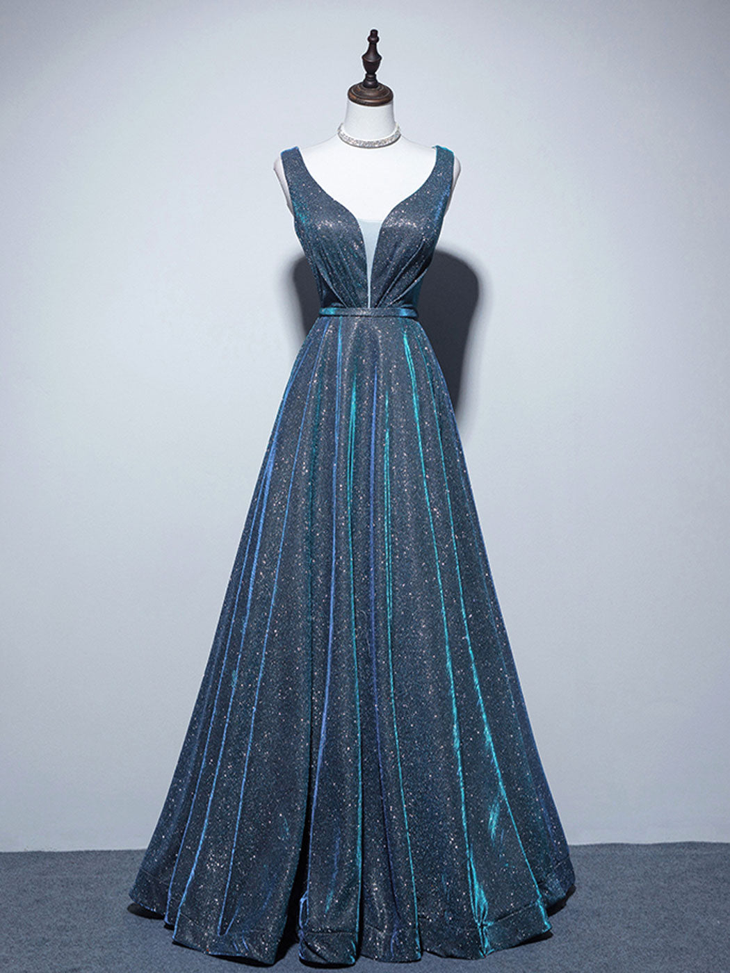 A-LINE V-NECK SATIN BLUE COCKTAIL DRESS