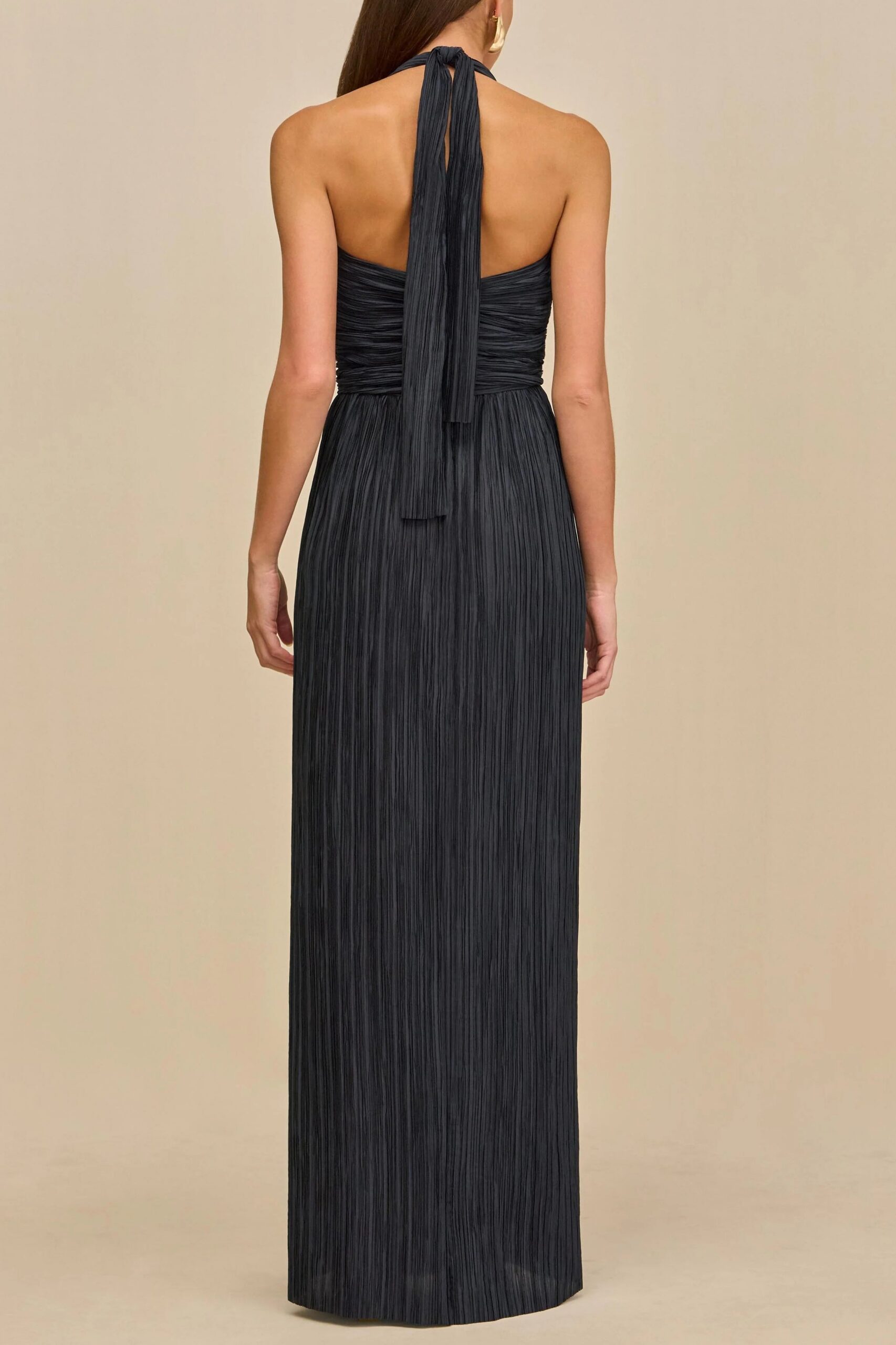 NAVY BLUE HALTER PLEATED CUTOUT MAXI DRESS