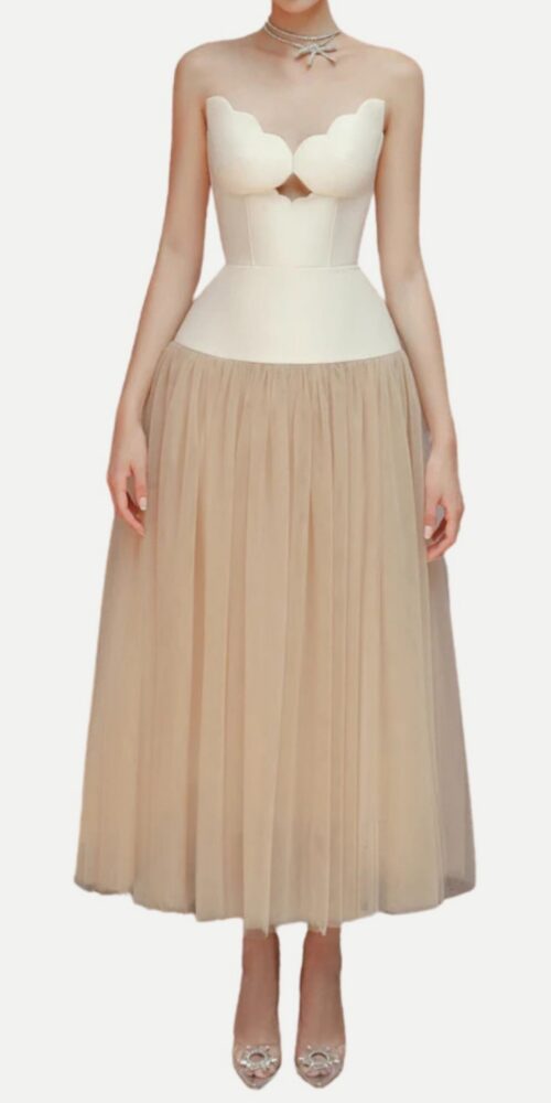 123 TWO-TONE TUBE TOP TULLE MIDI DRESS