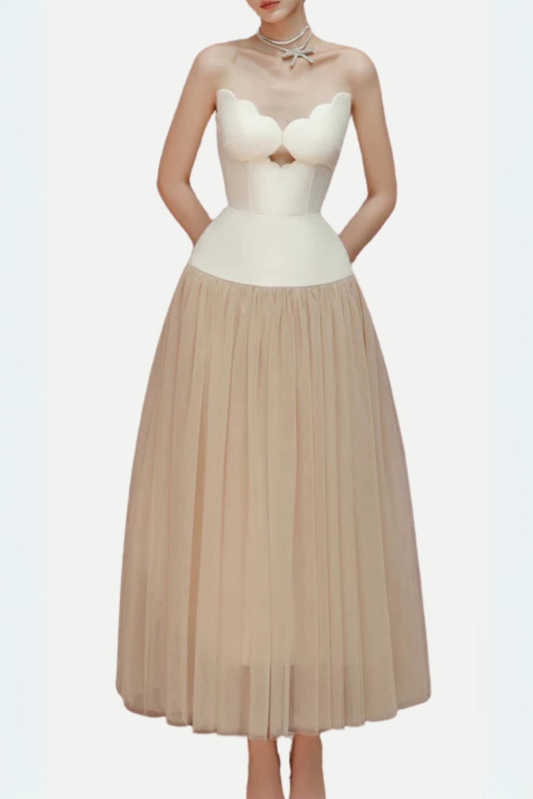 TWO-TONE TUBE TOP TULLE MIDI DRESS