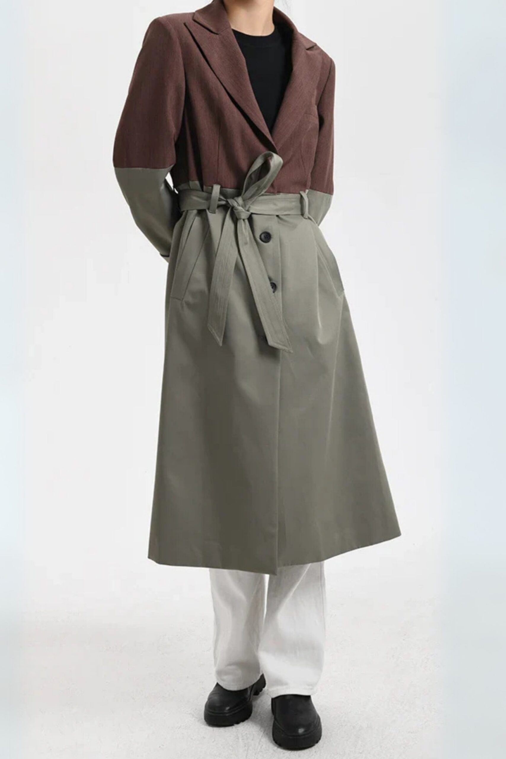 125 BELTED BLAZER TRENCH COAT, BROWN GRAY OVERSIZED WORK