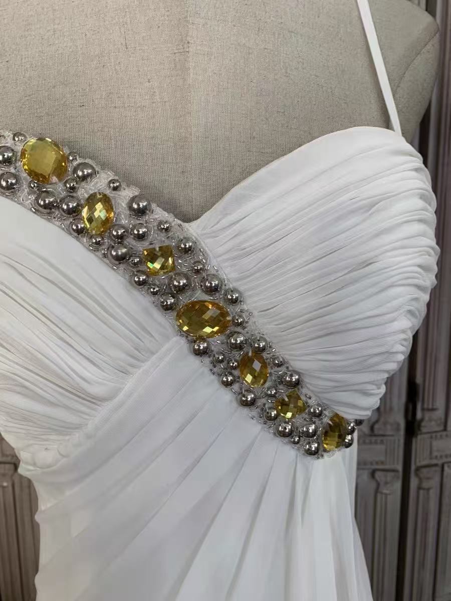 WHITE BEADED CHIFFON EMPIRE WAIST EVENING GOWN