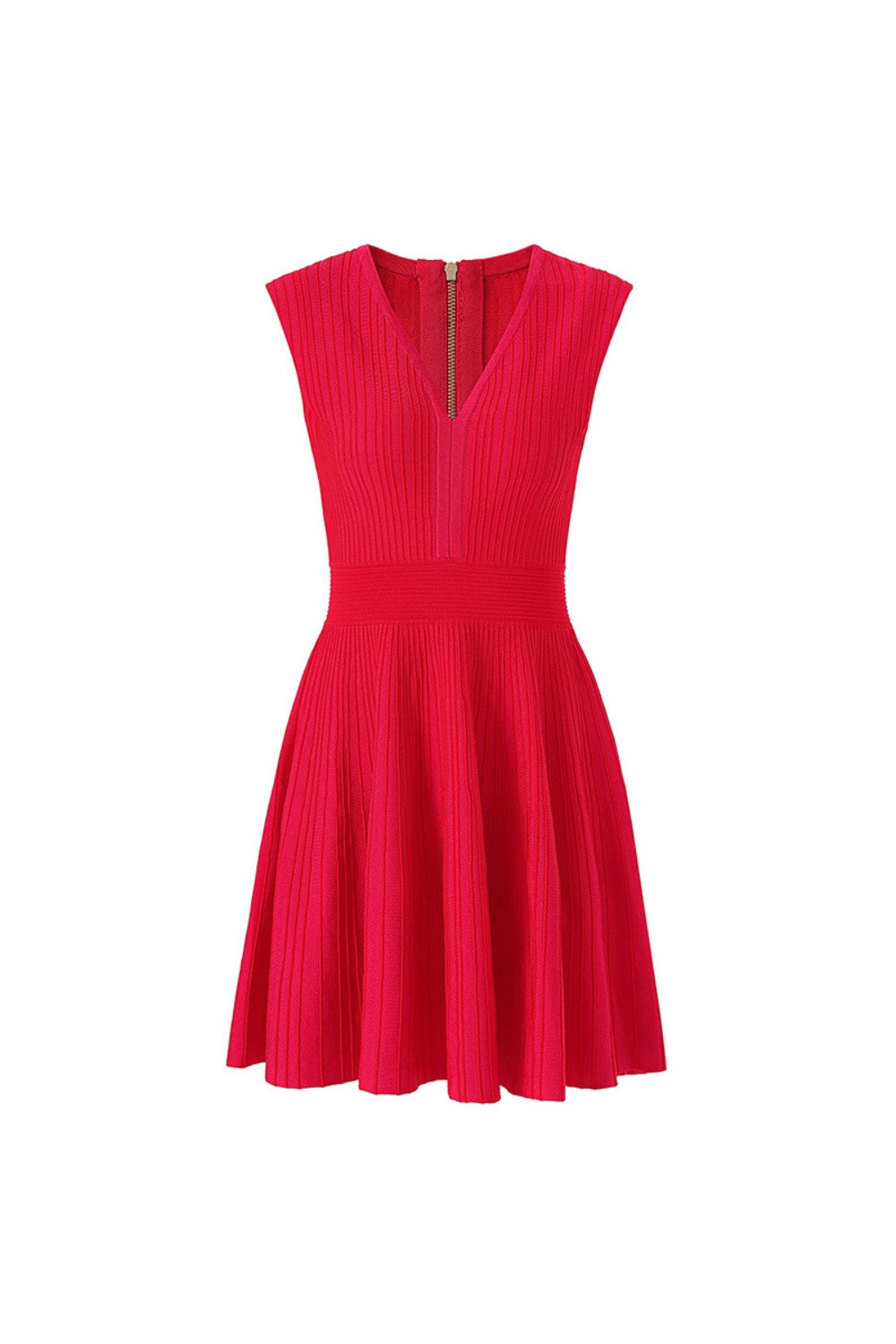 V-NECK SLEEVELESS FLARE KNIT RED PARTY DRESS