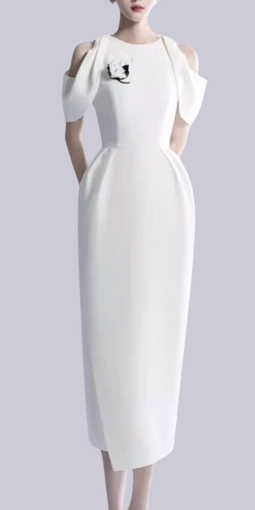 CHAELI WHITE EMBELLISHED MIDI DRESS